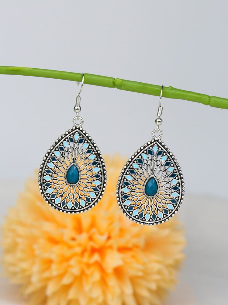New Silver Green Multicolor Enamel Mosaic Teardrop Hook Dangle Drop Earrings