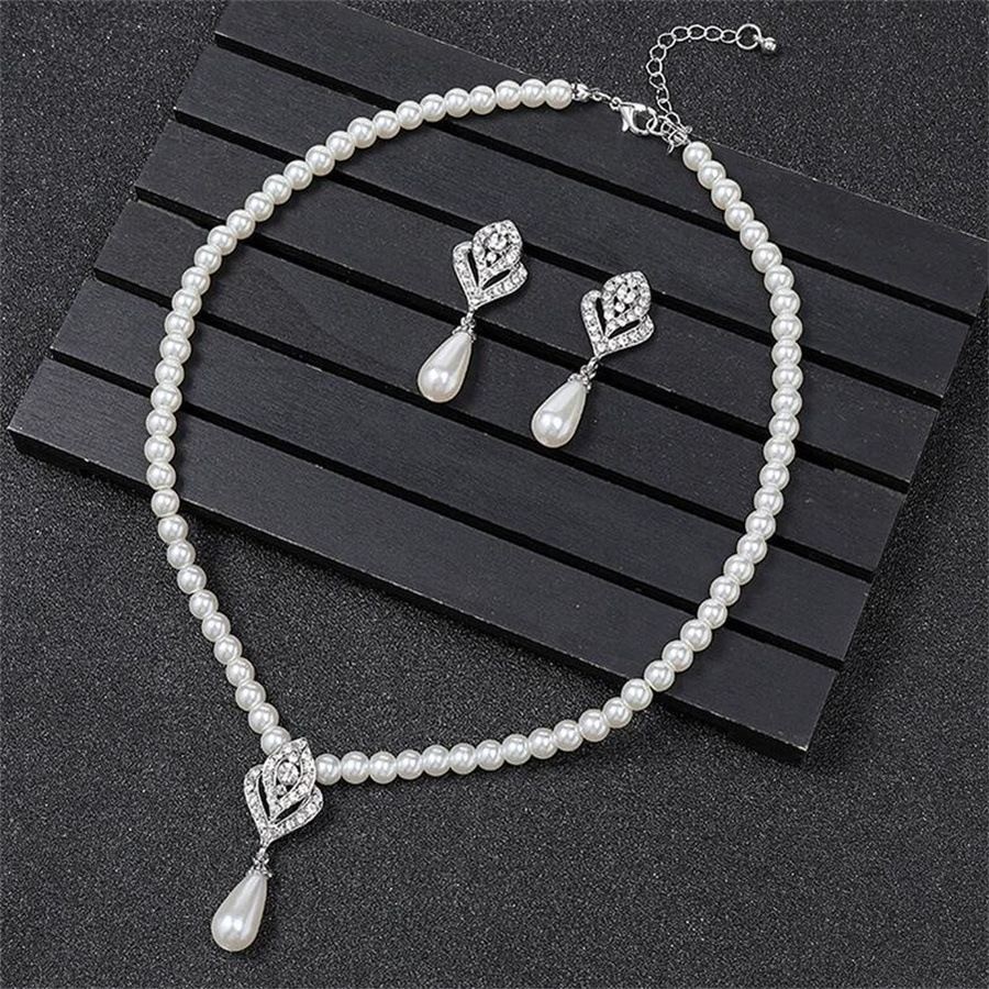 Silver Alloy Jewelry Set Imitation Pearl Drop Necklace Evening Party Accessory