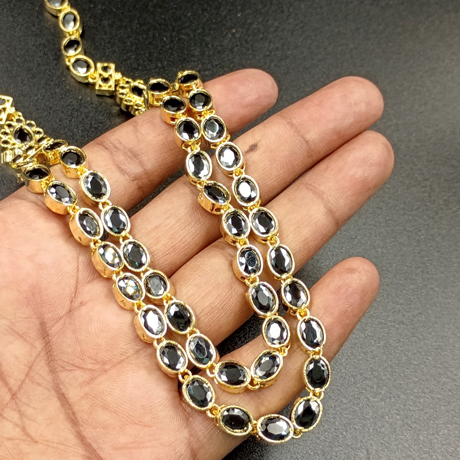 Boho 2 Layer Black Onyx Bead Necklace Set 22K Yellow Gold Plated Oval Stone Set