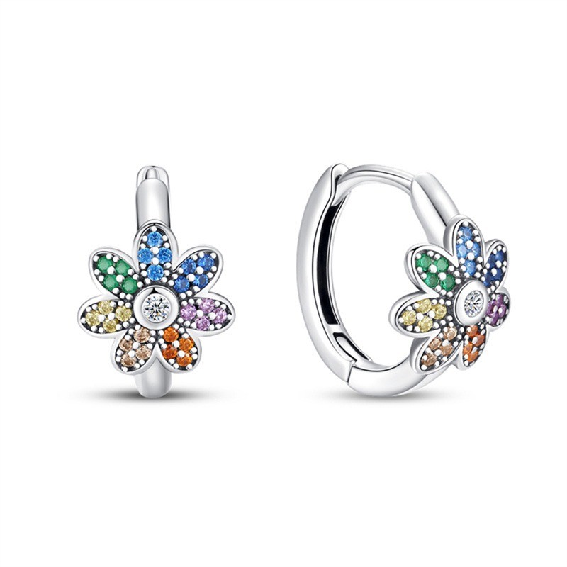 PANDACH Sterling Silver Tiny Colorful CZ Sunflower Hoop Earrings For Women Girls