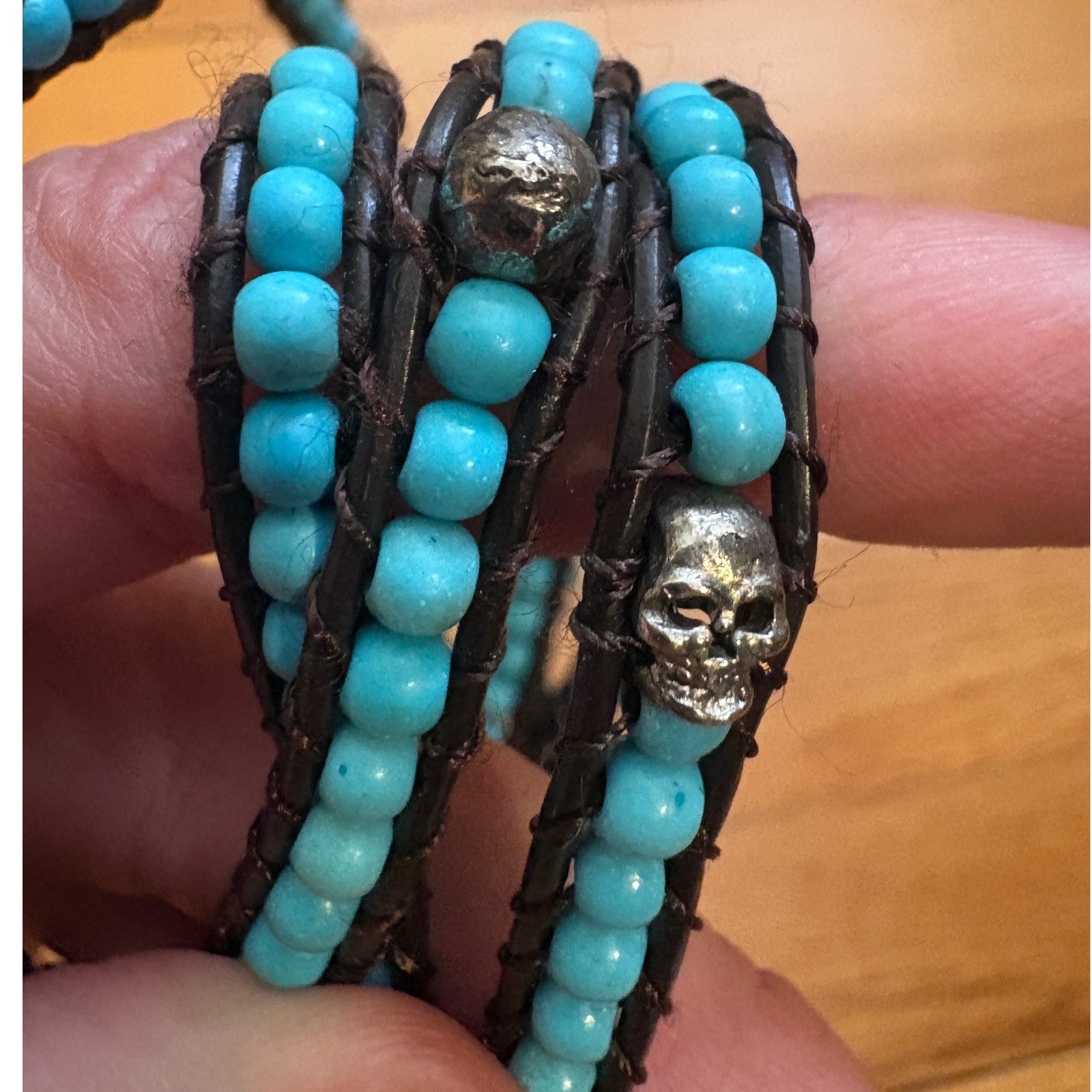 Leather Wrap Bracelet Set Turquoise Skull & Metallic Beads Boho 2pc