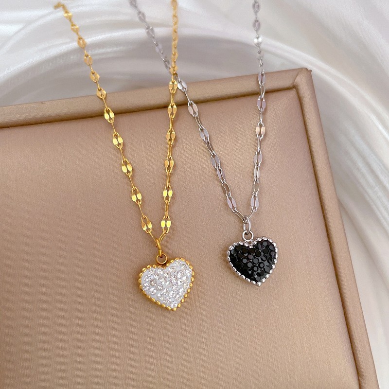 DIEYURO Black White Crystal Heart Reversible Necklace 316L Stainless Steel Gift