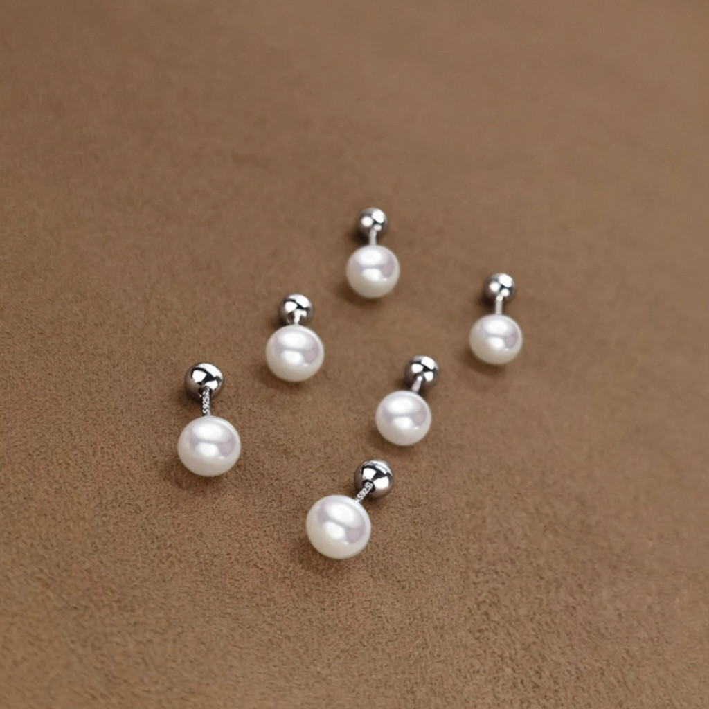 Womens Girls Surgical Steel Silver Round White Pearl Stud Earrings Screw Back