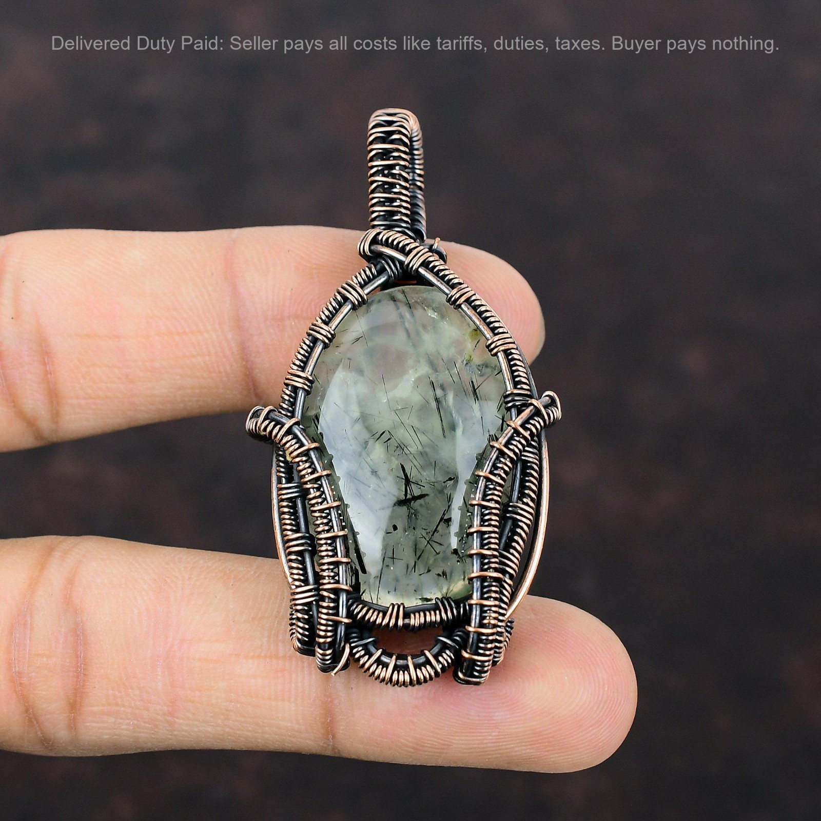 Thanks Giving Day Sale Moss Prehnite Stone Wire Wrapped Sister Pendant Copper