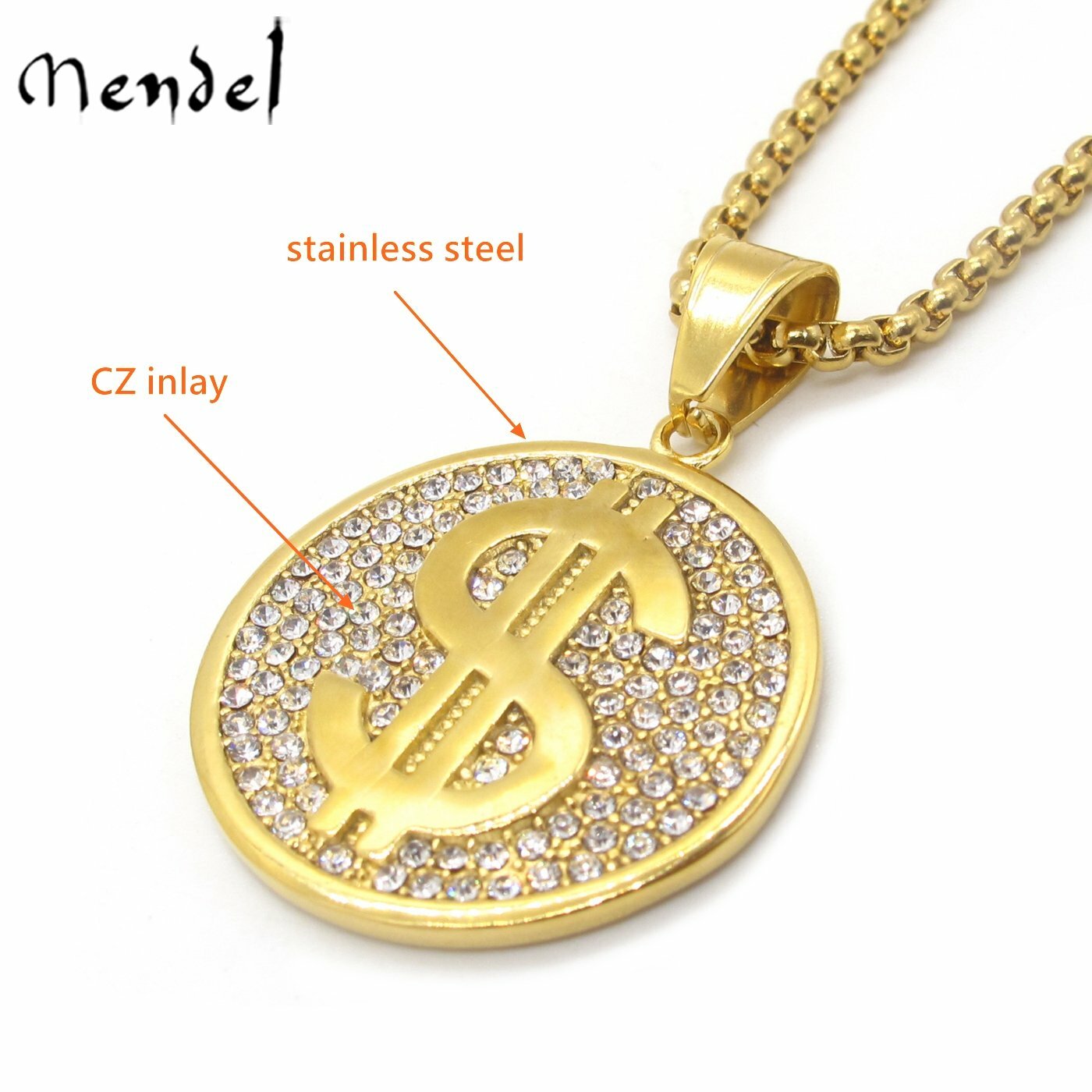 MENDEL Mens Stainless Steel Gold Rap Hip Hop Money Dollar Sign Pendant Necklace