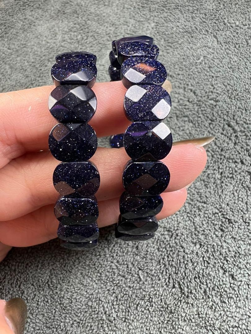 Blue Goldstone Faceted Oval Stone Bracelet Minimalist Galaxy Mens Jewelry Gift
