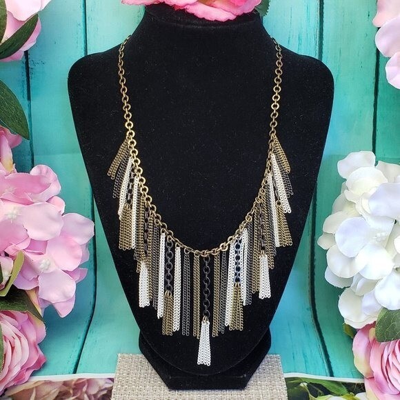 SILPADA KR Multi Tone Fringe Chain Necklace Gold Brass Gunmetal Tassel Statement