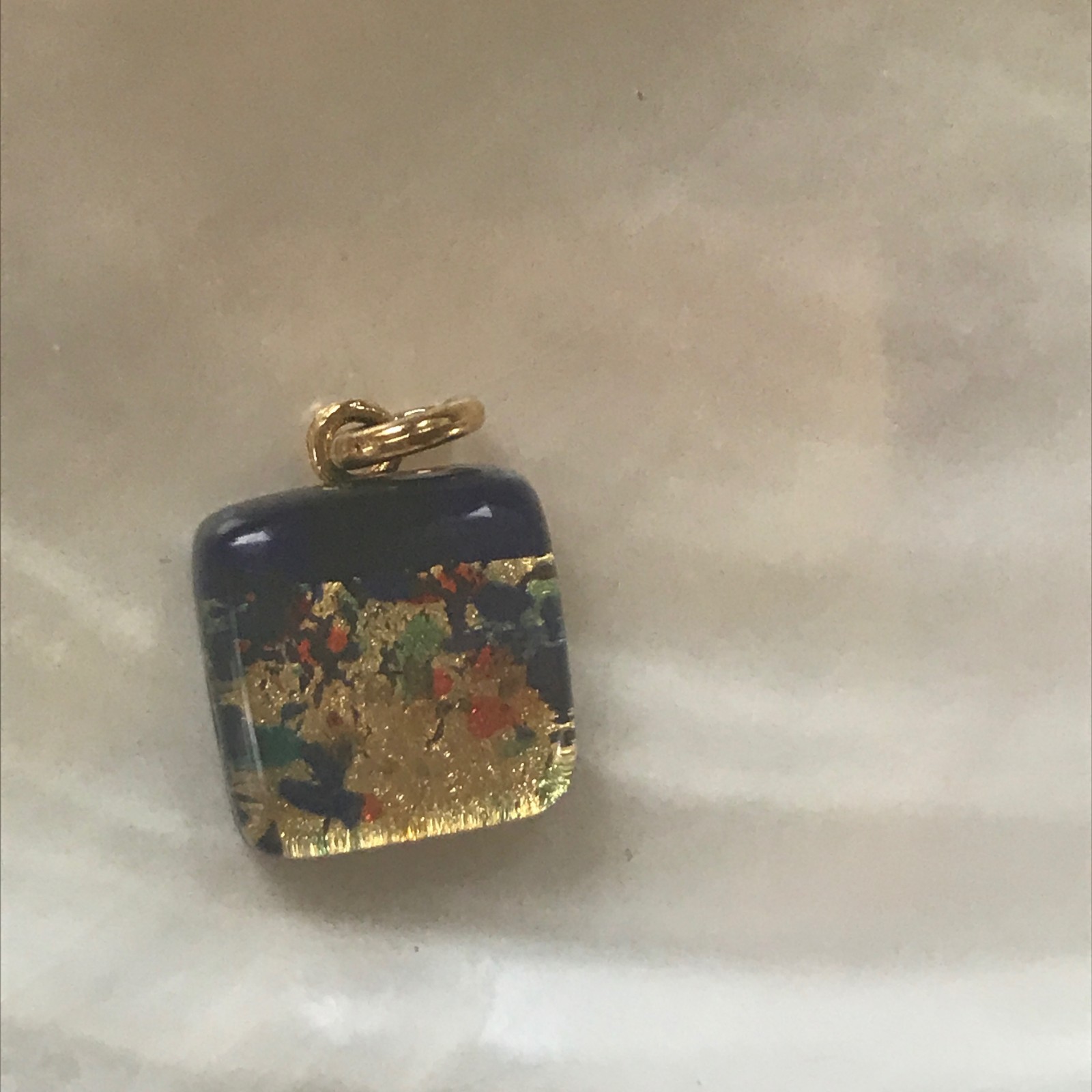 Estate Small Blue Square with Gilt Orange & Yellow Fused Art Glass Pendant – 0.7