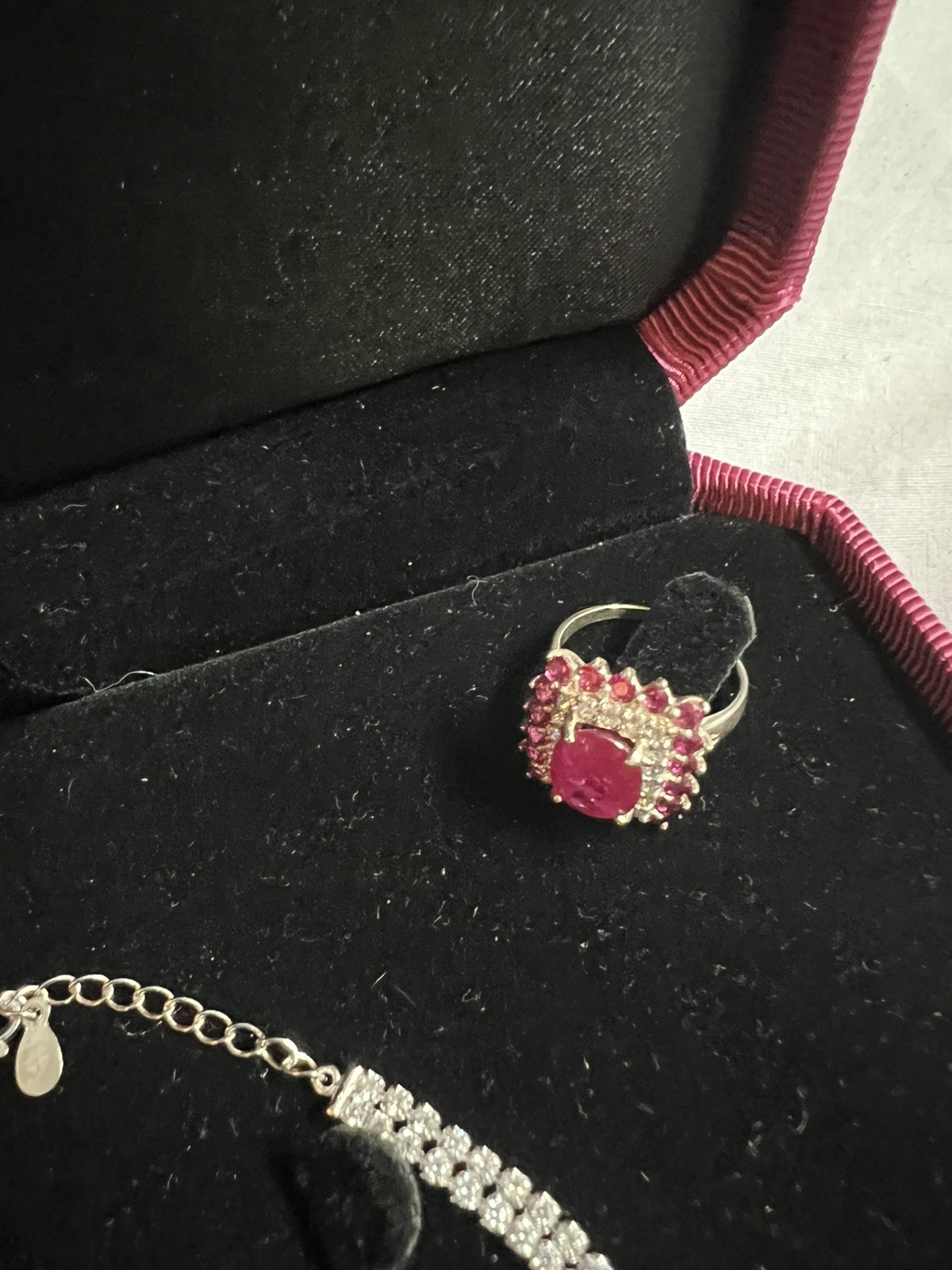 Cocktail Party Sterling Silver Red Green Blue Earring Necklace B/Rings Set Women