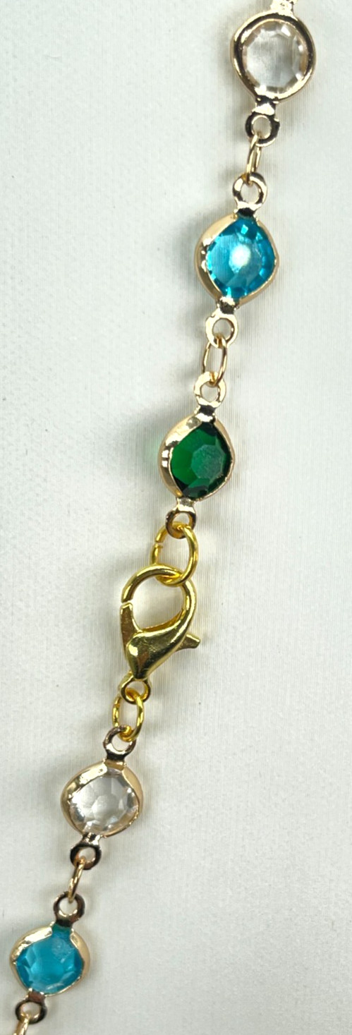 Necklace Gold Tone Blue, Red, Green, White & Black Faceted Crystals. Length 20″