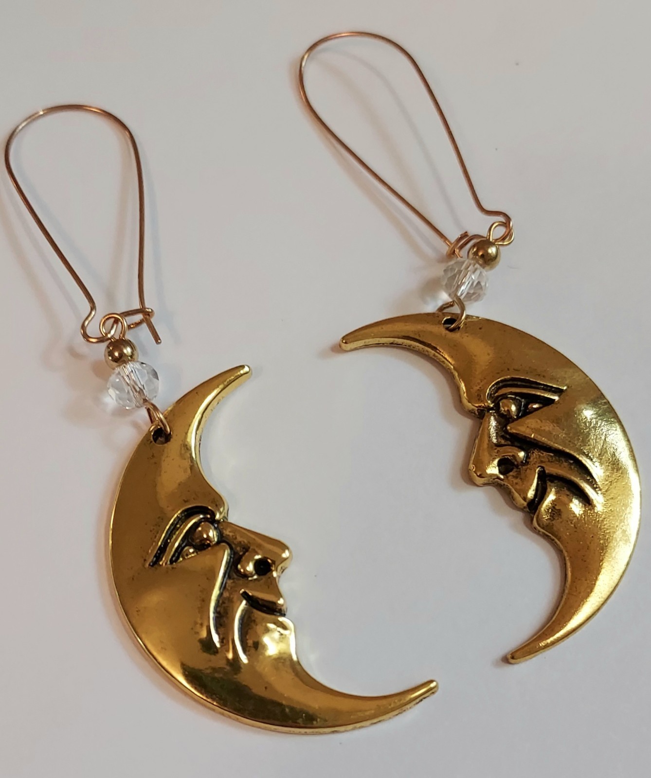 Moon Face Dangle Earrings Gold Tone Celestial Crescent Moon Statement
