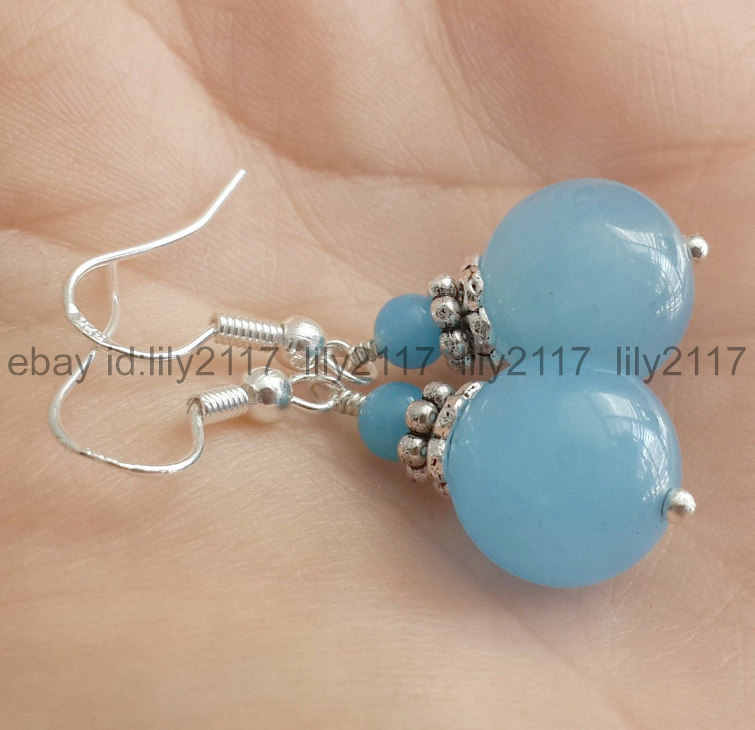 6mm &12mm Chalcedony Blue Round Gemstone Silver Hook Jewelry Dangle Earrings AAA