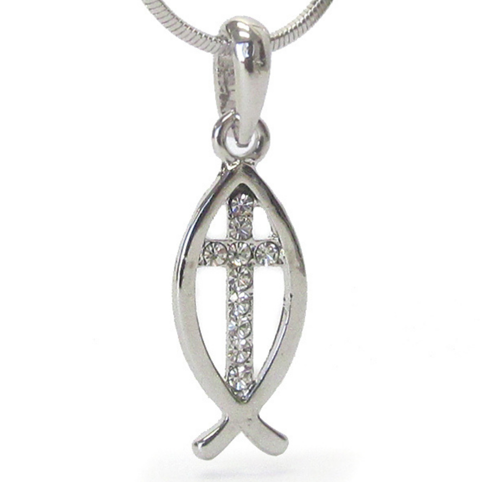 Crystal Christian Fish and Cross Pendant Necklace White Gold