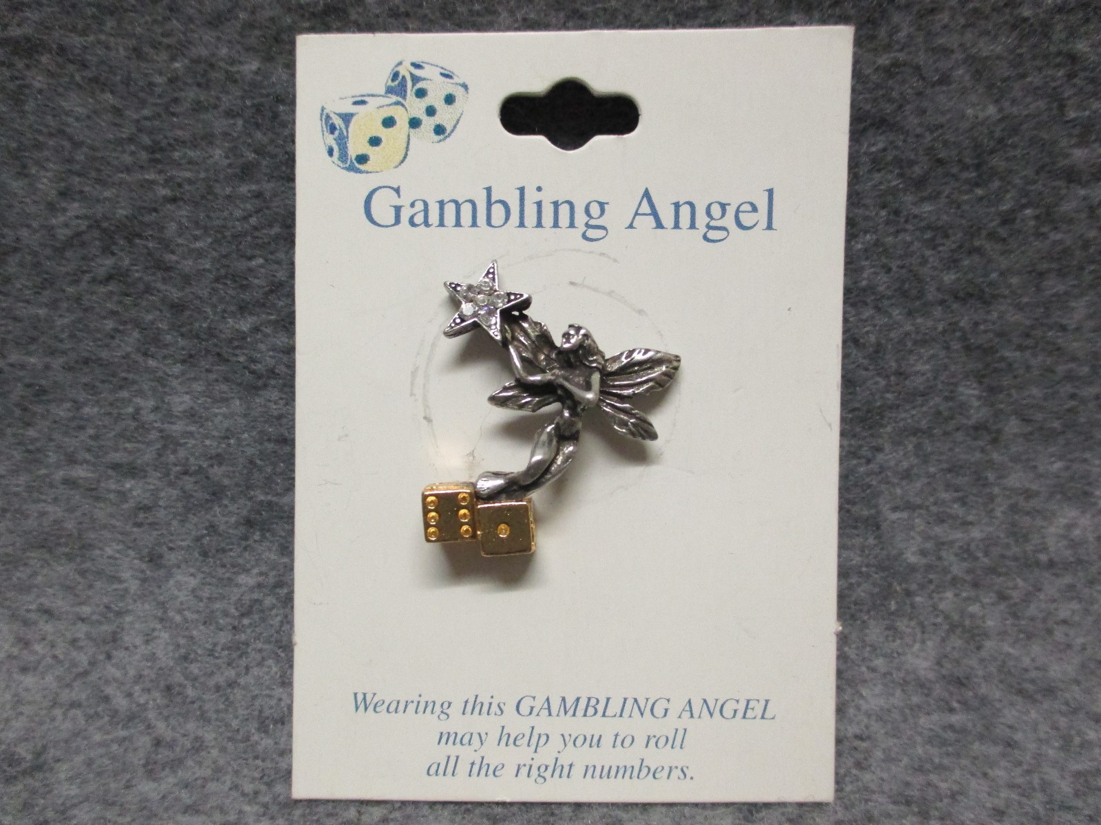 Gambling Angel Dice Craps Lapel Pin Gold & Pewter Tones w/Rhinestone Star 1.2″