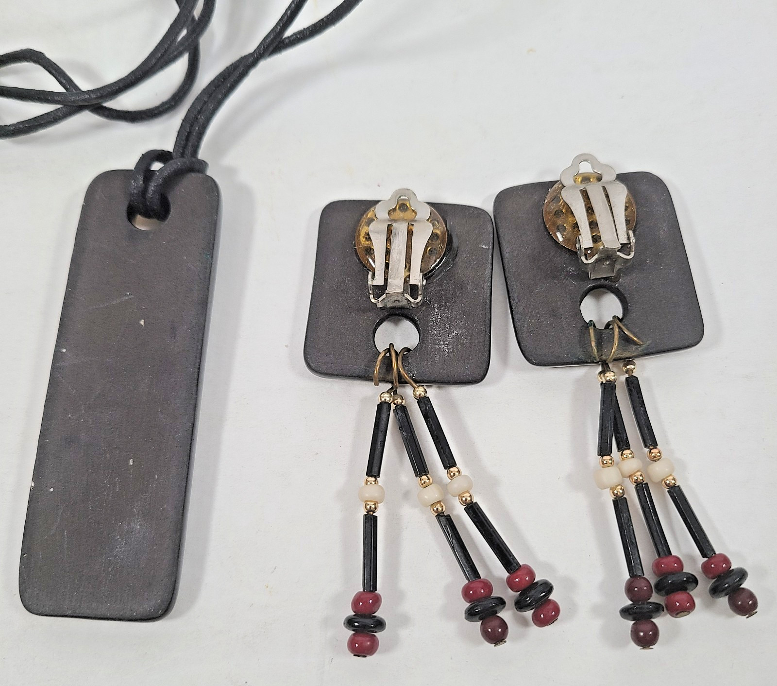 Estate Sale Enameled Ceramic Necklace/ Dangle Earrings Set Handmade VTG