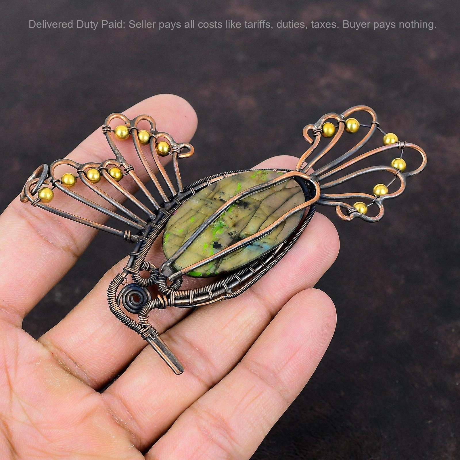 Copper Multi Fire Labradorite Gemstone Wire Wrapped Bird Daughter Ethnic Pendant