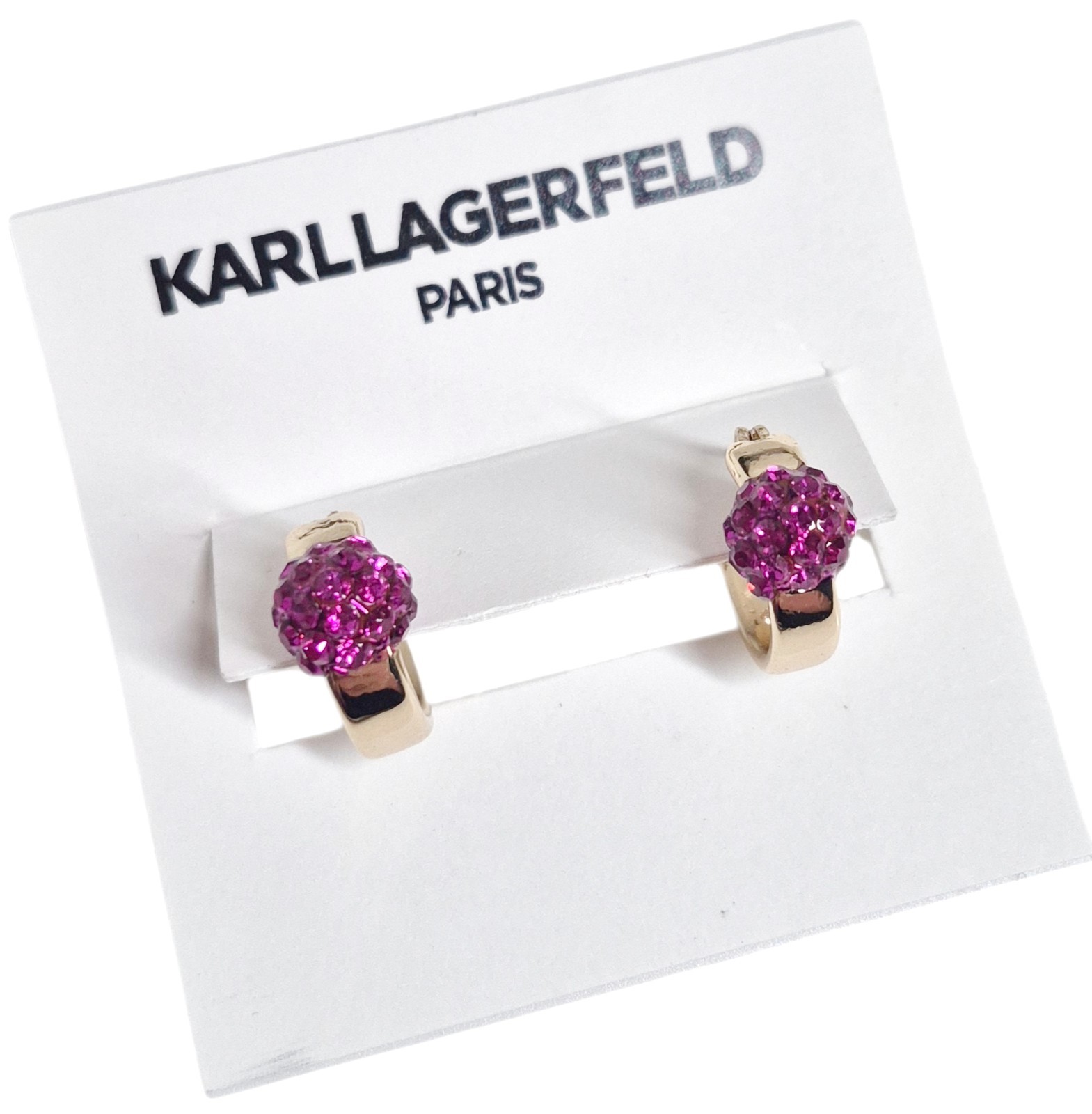 Karl Lagerfeld Small Pave Fireball Huggie Hoop Earrings Pink Gold Plated New