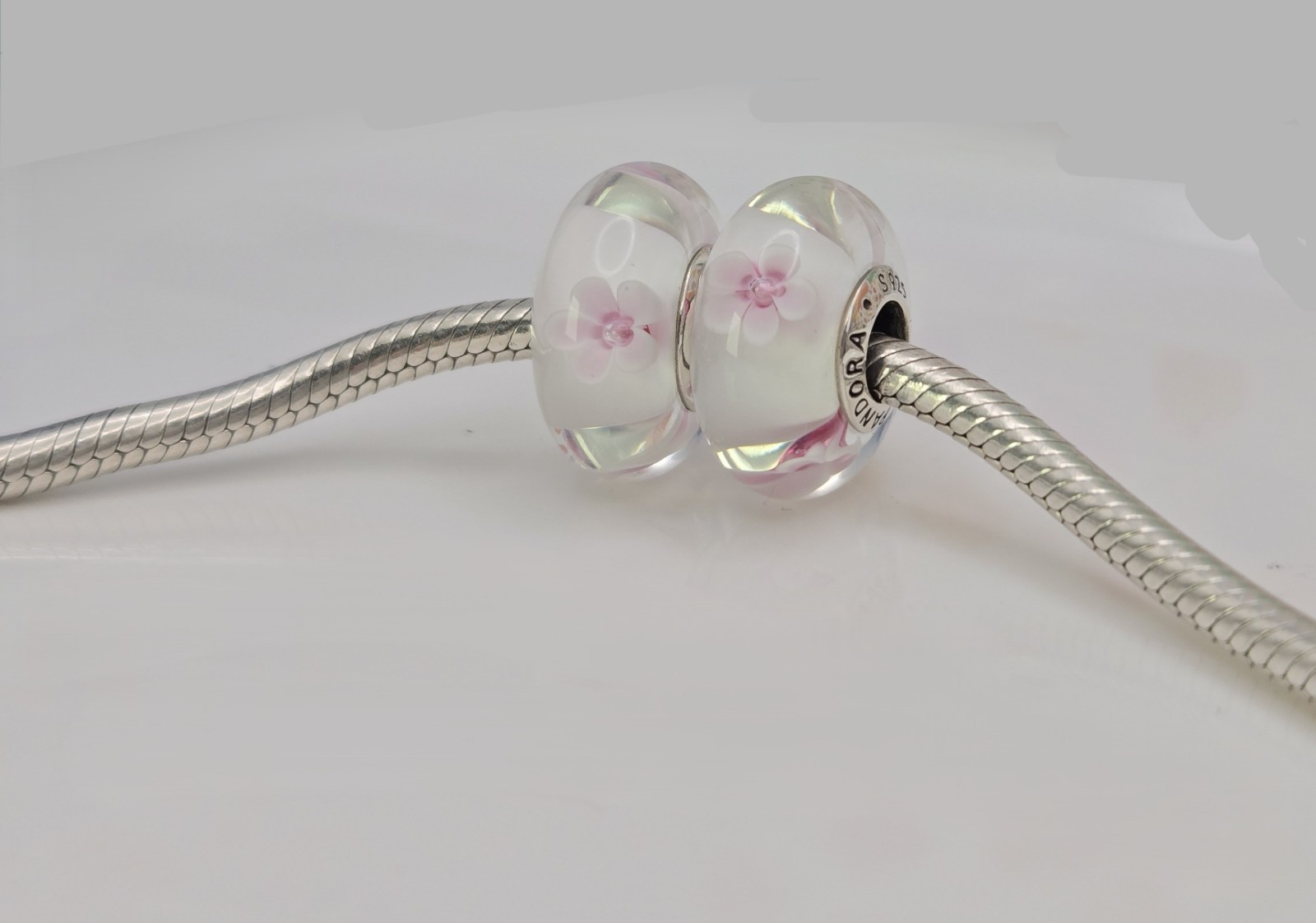 Authentic Pandora Pair of Japanese cherry blossom flowers Charms Murano Glass