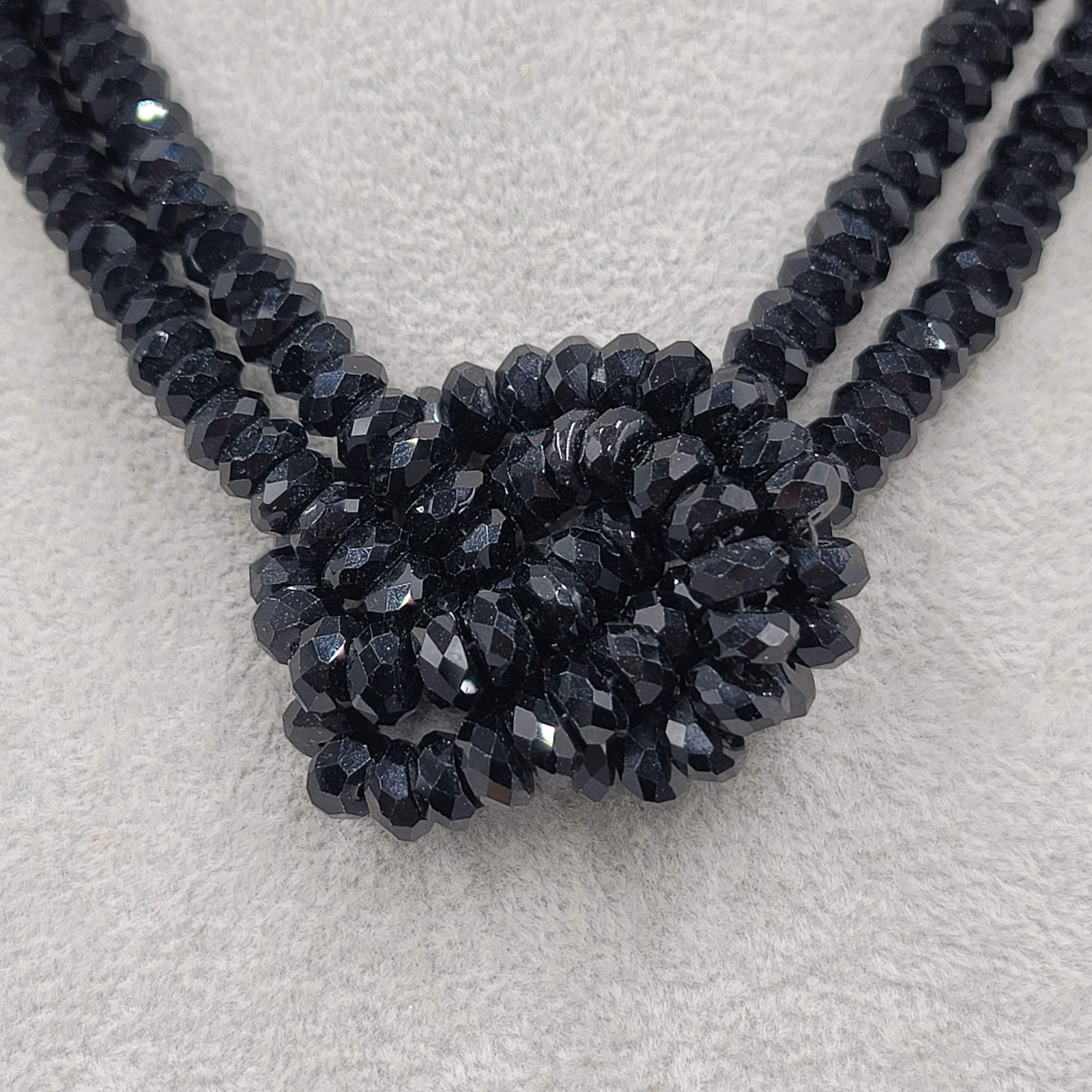 Statement Black Glass Beaded Knot Necklace Gunmetal Gray 18″ adj