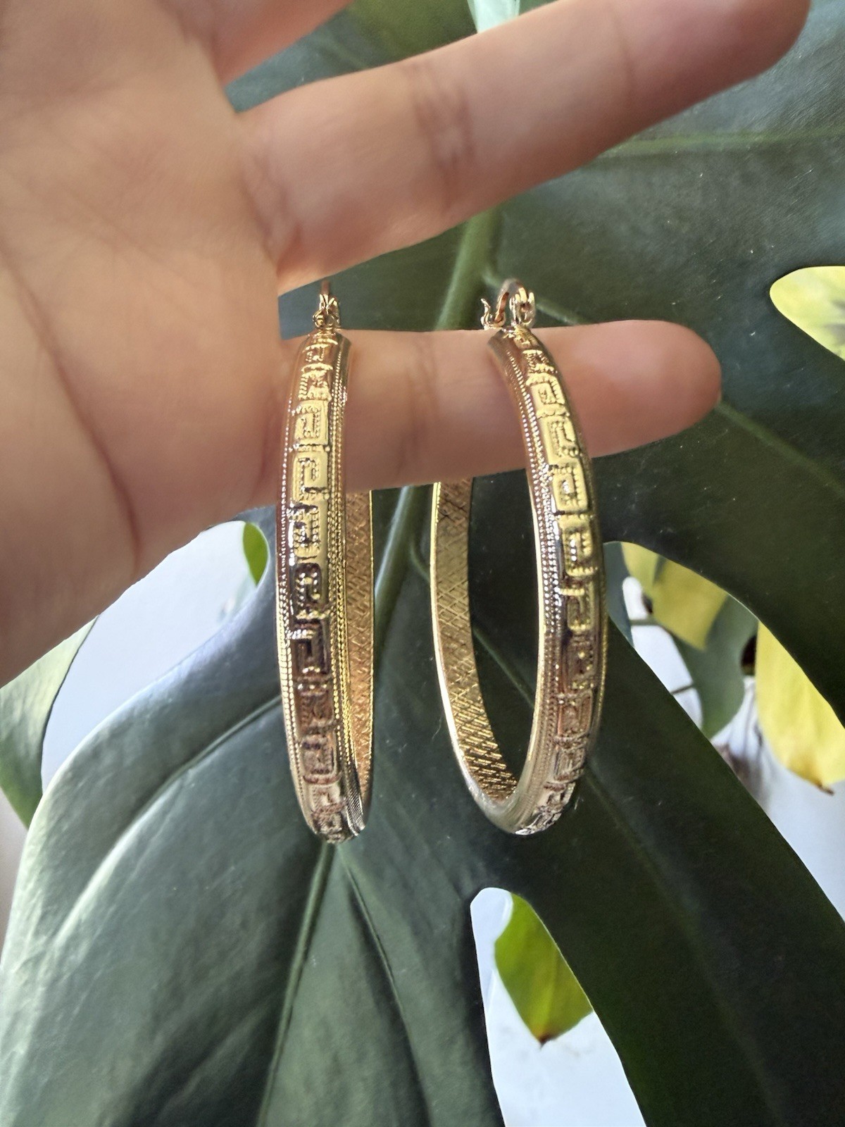14k Gold Finish Greek Key Texture 2 inch Hoop Earrings Latch Back No Stone
