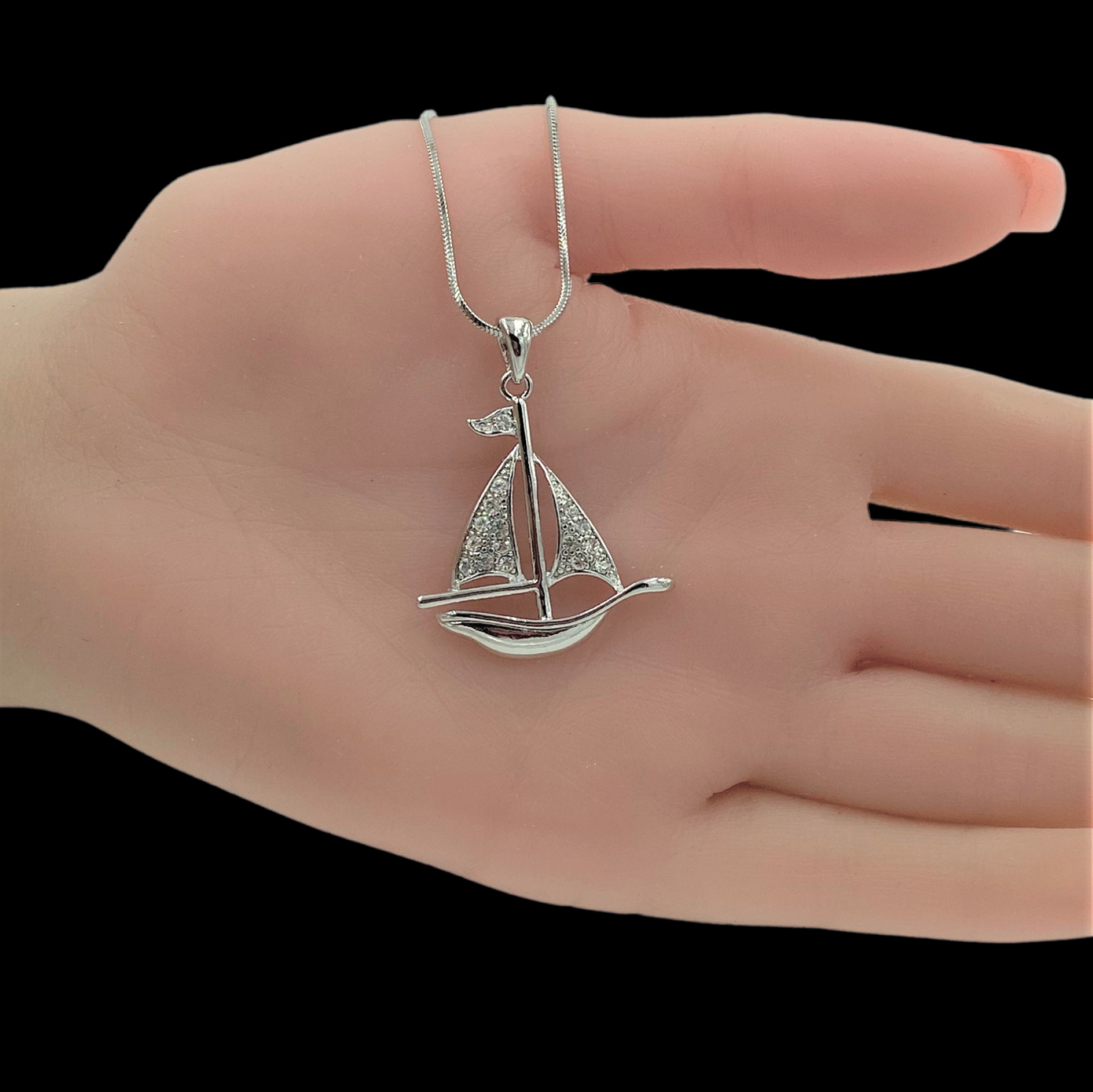 Crystal Stud Sailboat Pendant Necklace White Gold