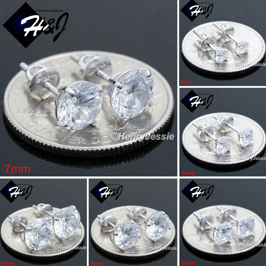 925 STERLING SILVER 4/5/6/7/8/9MM CLEAR ROUND CZ 3D SCRW BACK STUD EARRING*E88