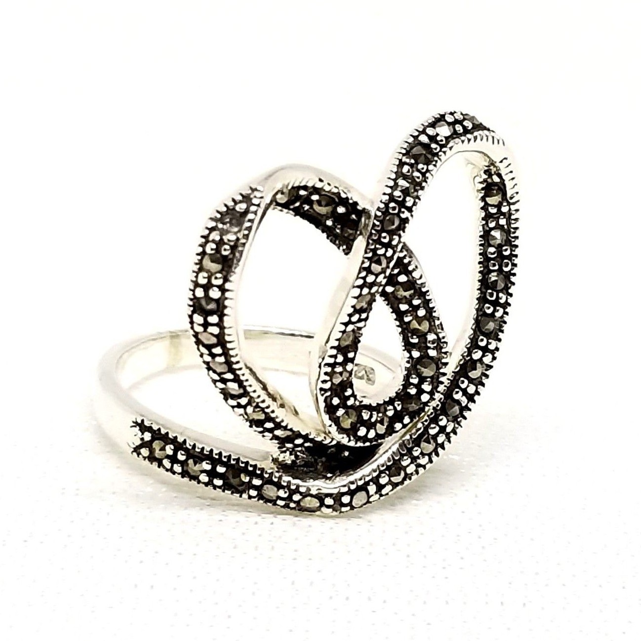(SIZE 6,7,8,9) Looping Linear HEART RING Marcasite Stones .925 STERLING SILVER