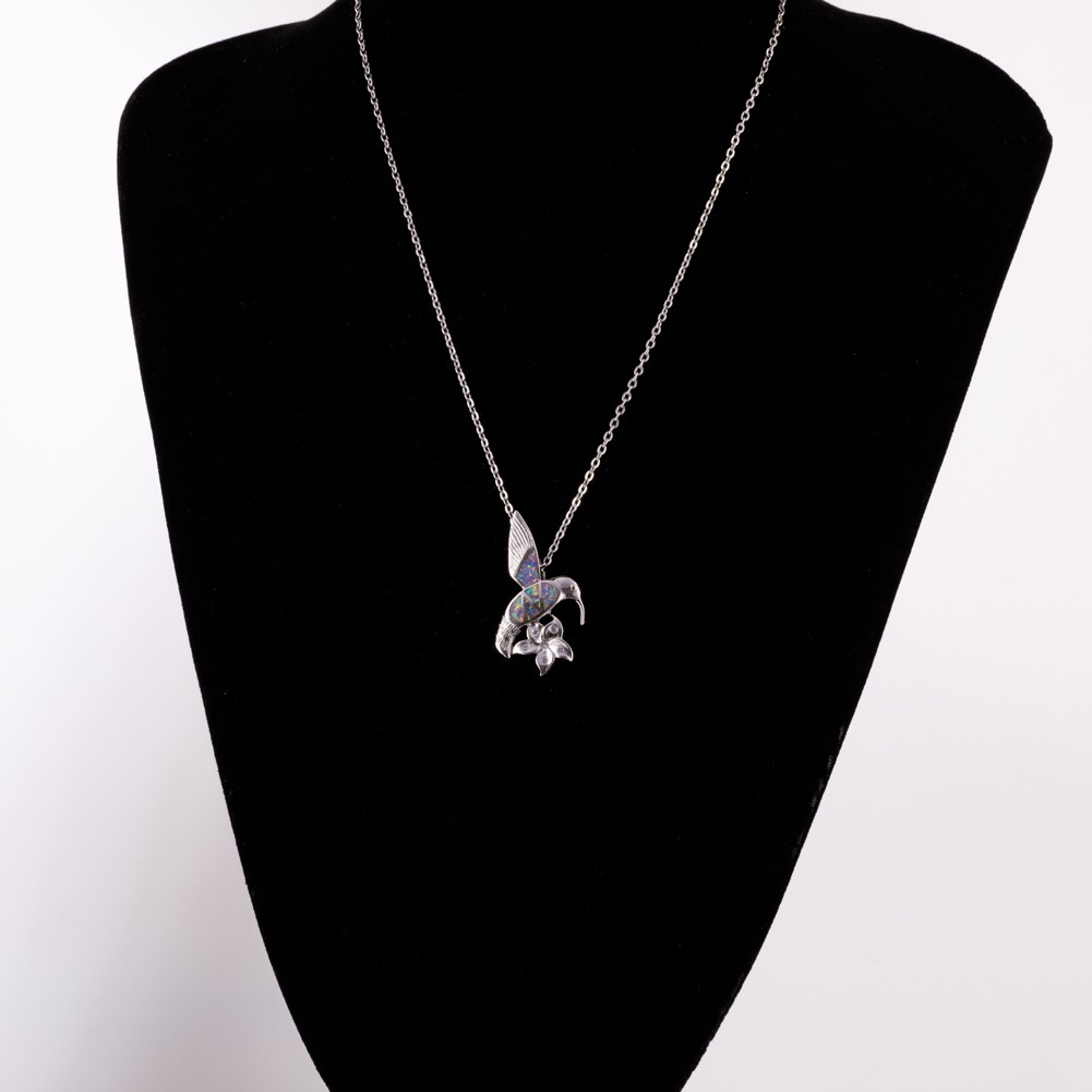 Hummingbird Flower Lavender Purple Fire Opal Silver Jewelry Necklace Pendant