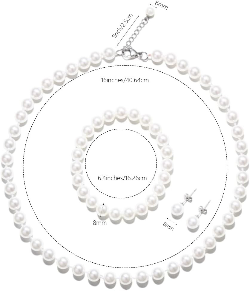 White 8Mm Faux Hand Knotted Glass Imitation Pearls Necklace Earring Jewelry 3 Se