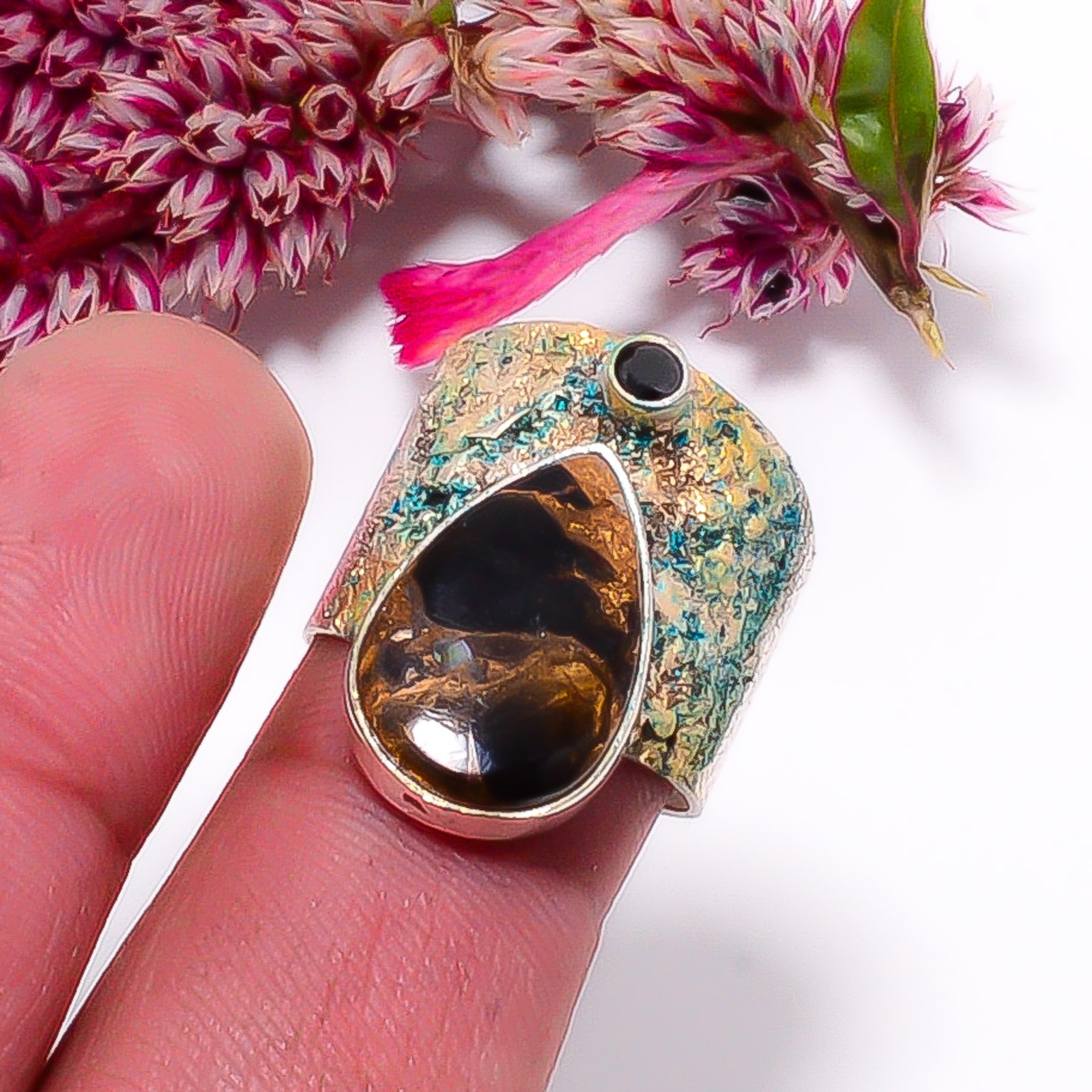 Copper Black Obsidian & Black Onyx Two Tone 925 Sterling Silver Ring s.7 Sku7