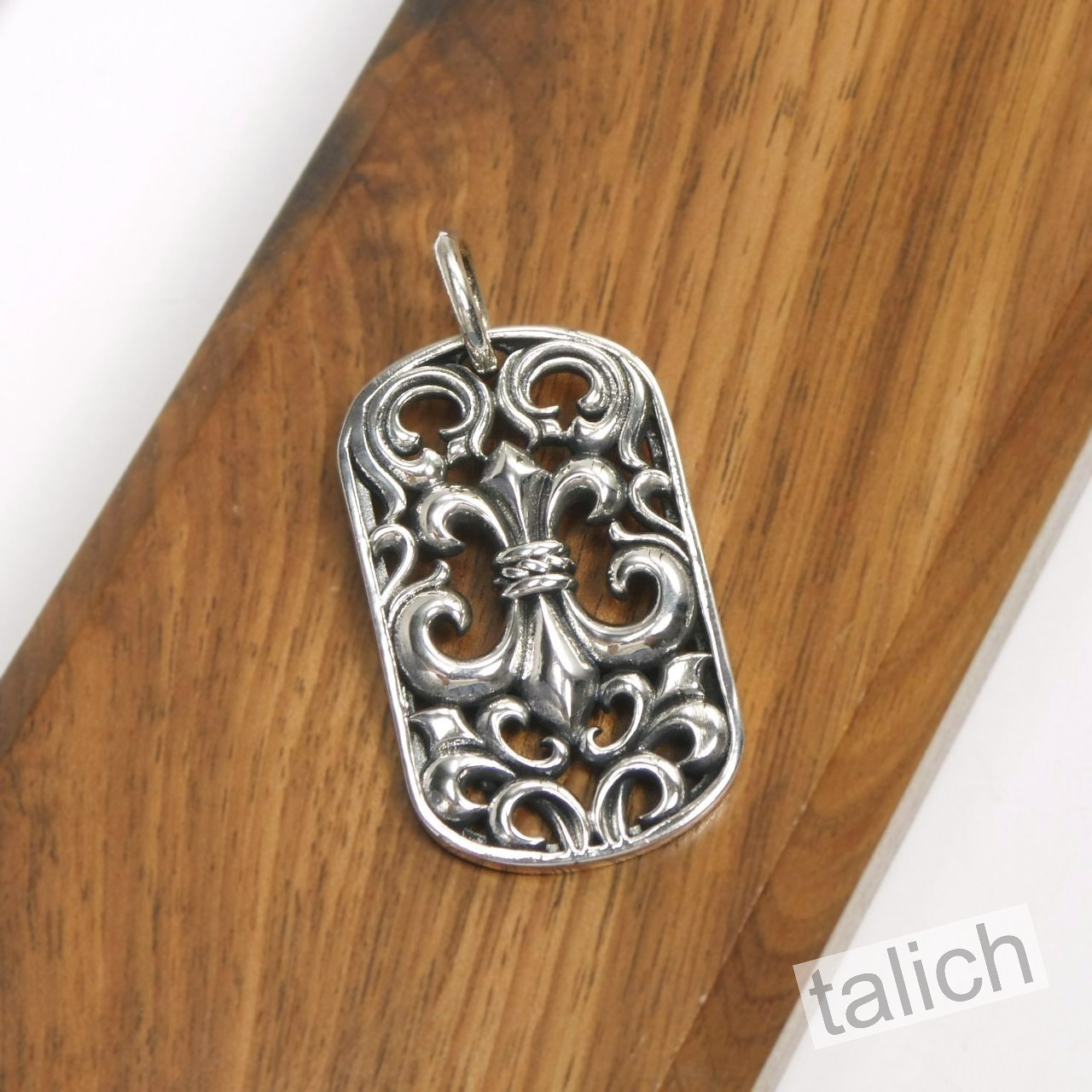 Shiny 925 Sterling Silver Cutout Fleur De Lis Ornate Scrolls Dog Tag Pendant