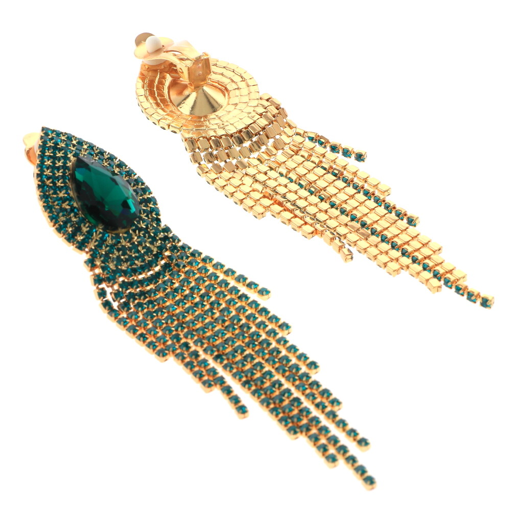 Gold Tone Metal Rhinestone Clip On Chain Dangle Earrings ER2571-EME
