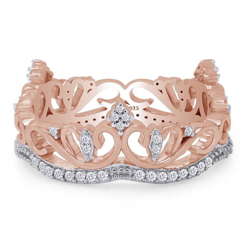 Crown Wedding Band Ring Simulated Diamond 14k Rose Gold Plated Sterling Silver