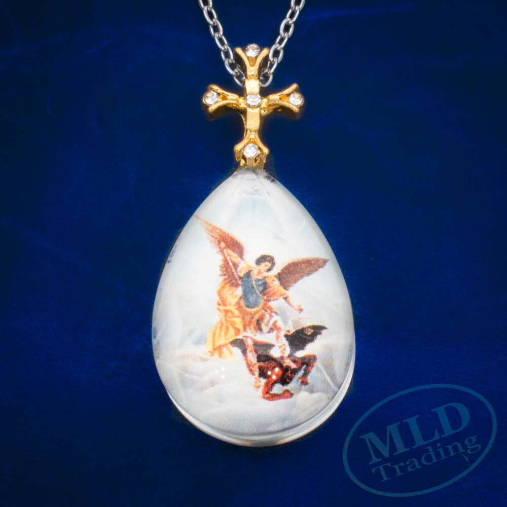 Saint St Michael Crystal Pendant Necklace – 18″ Oval Link Chain, Gold Zinc Alloy