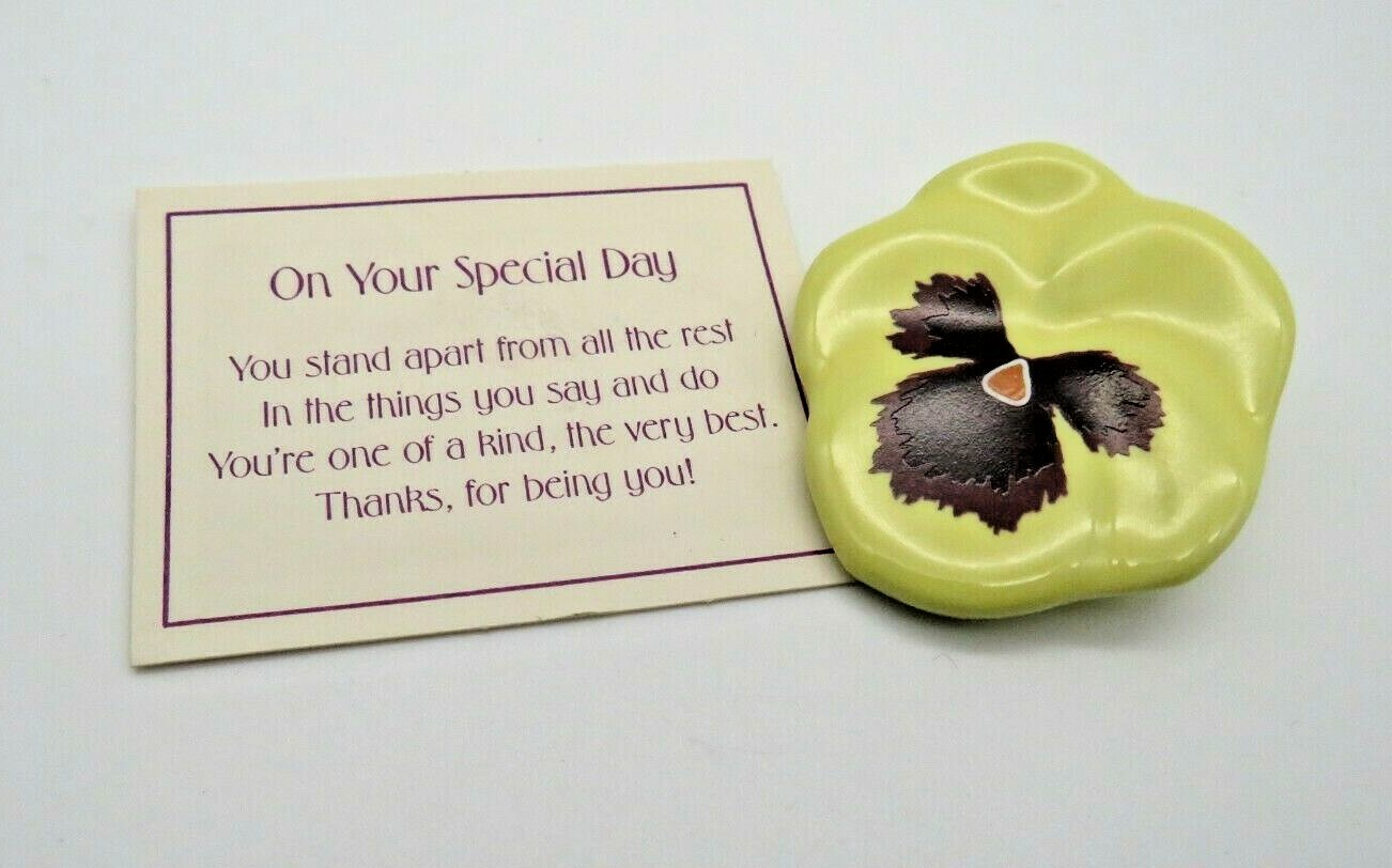 Yellow Pansy Ceramic Pin Lapel Brooch Painted Enamel AVON VTG