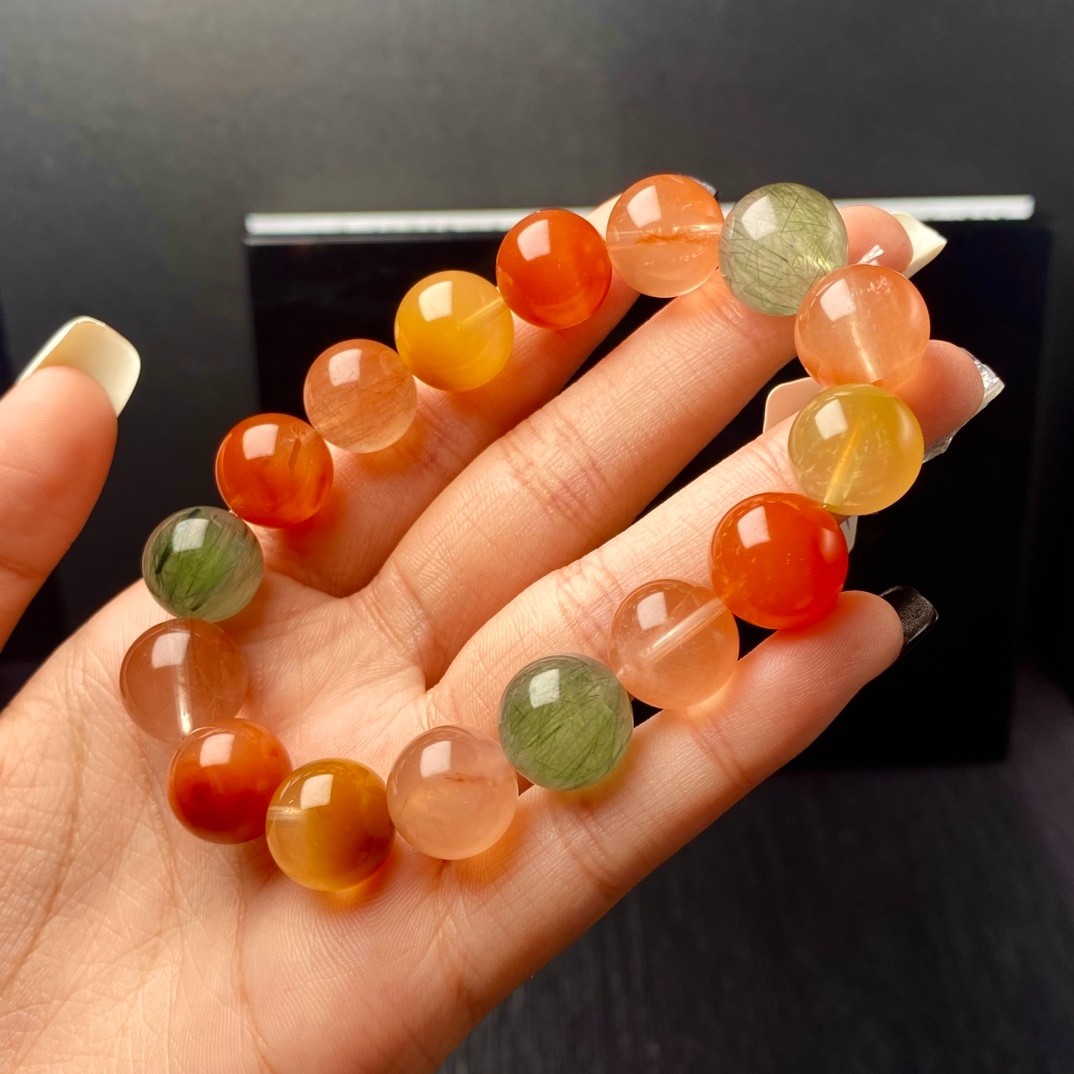 13.1mm Natural Multicolor Rutilated Quartz Bracelet 14mm Fu Lu Shou Crystal