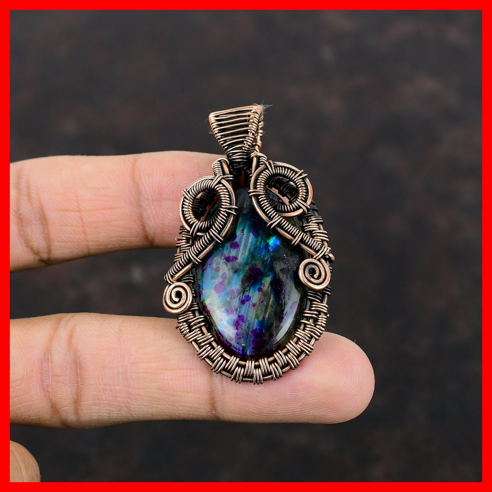 Oval Mystic Fire Labradorite Stone Copper Boho New Wire Wrapped Ethnic Pendant