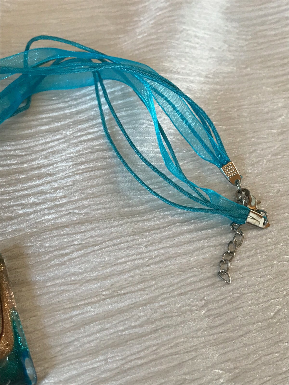 Estate Multistrand Aqua Silk Cord with Large Square Swirl Fused Art Glass Pendan