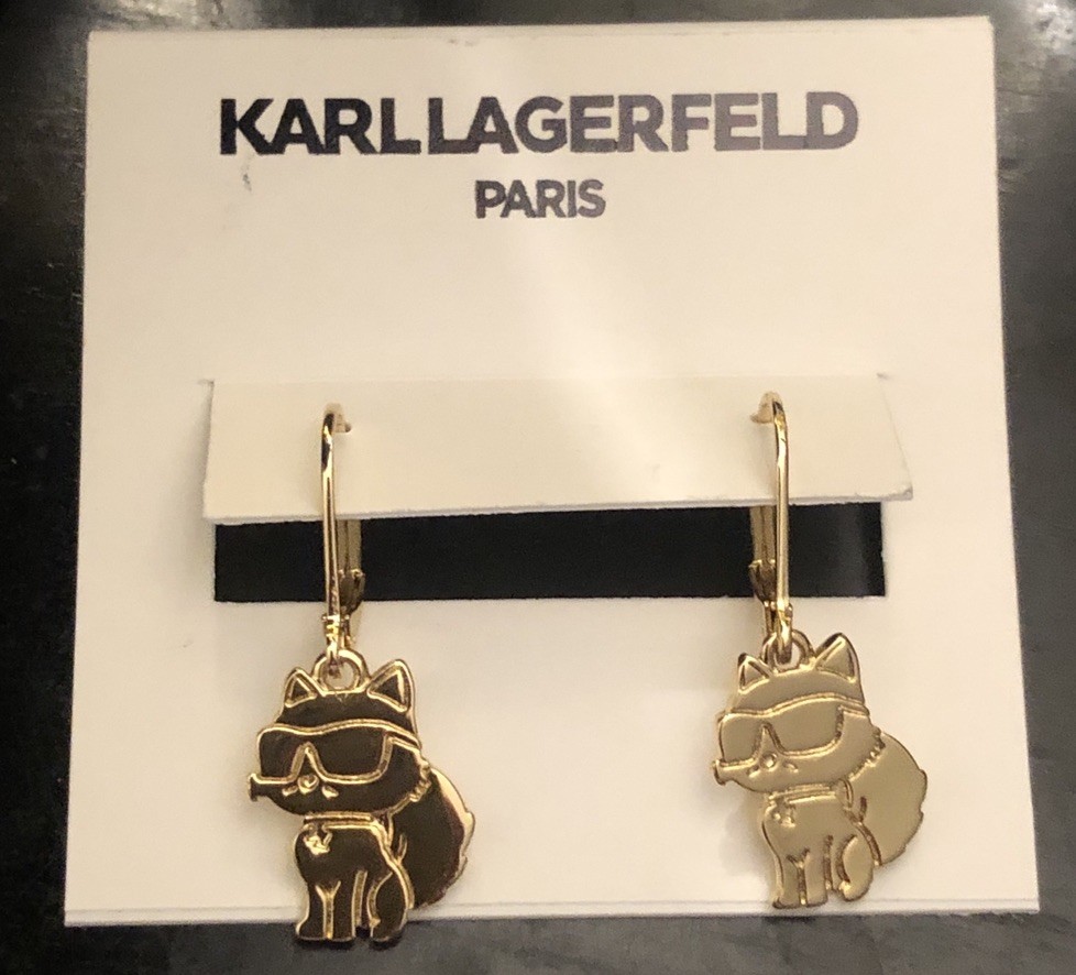 Karl Lagerfeld Polished Gold Tone Choupette Wearing Sunglasses Drop Earrings NWT