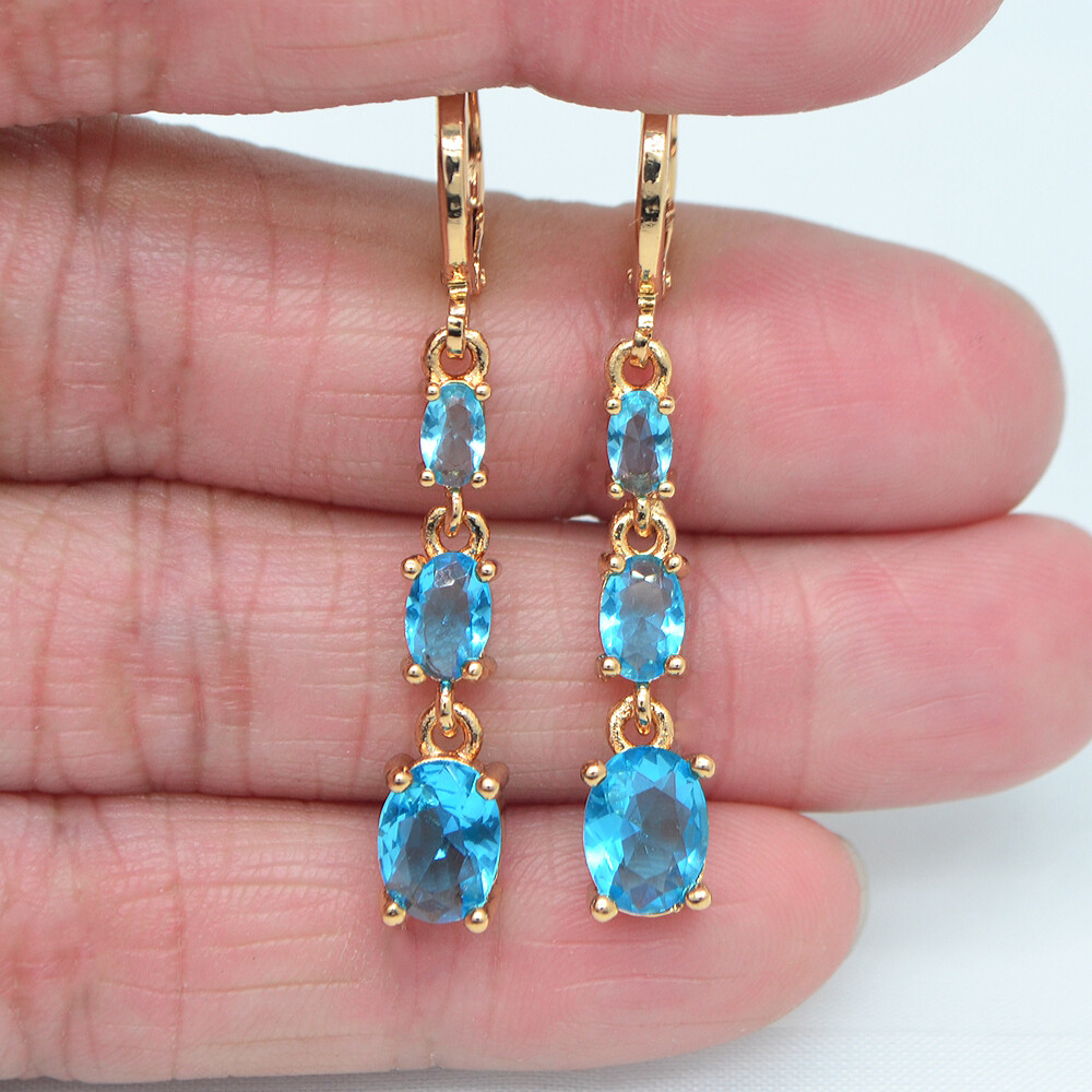 18K Yellow Gold Filled Women Fashion Oval Blue Mystic Topaz Dangle Earrings