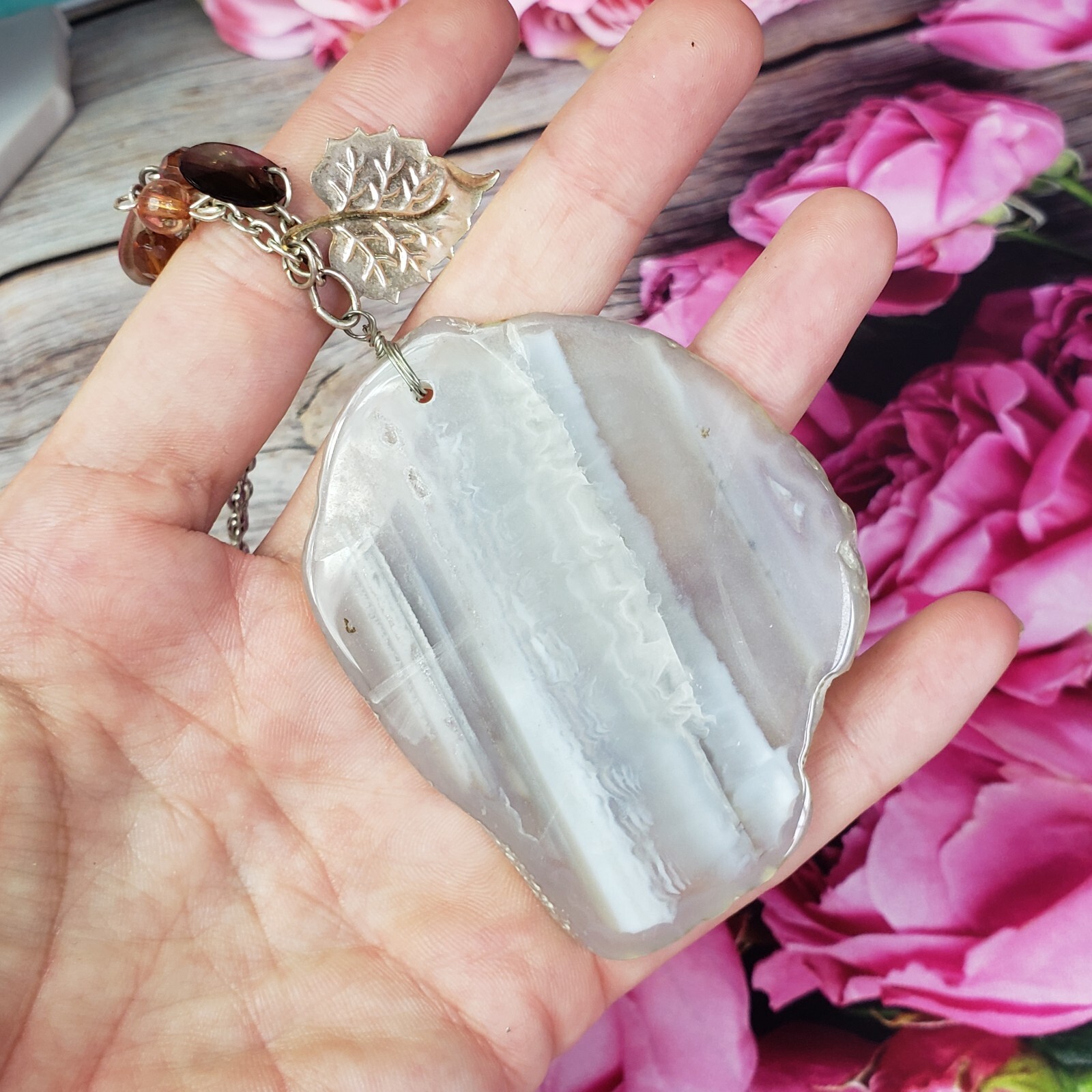 Gray Agate Slice Pendant Necklace Natural Stone Charm Boho Chain Jewelry