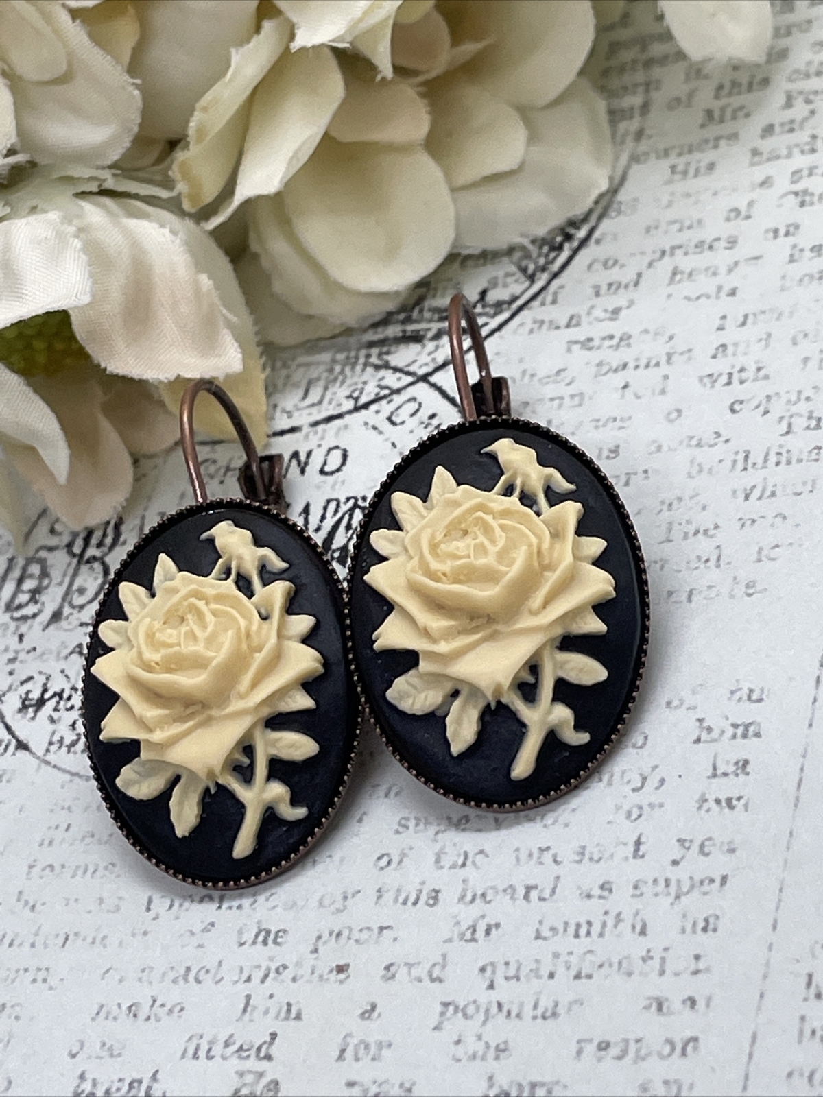Rose Gold Brass Cream & Black Victorian Anniversary Earrings Cameo Birthday Gift
