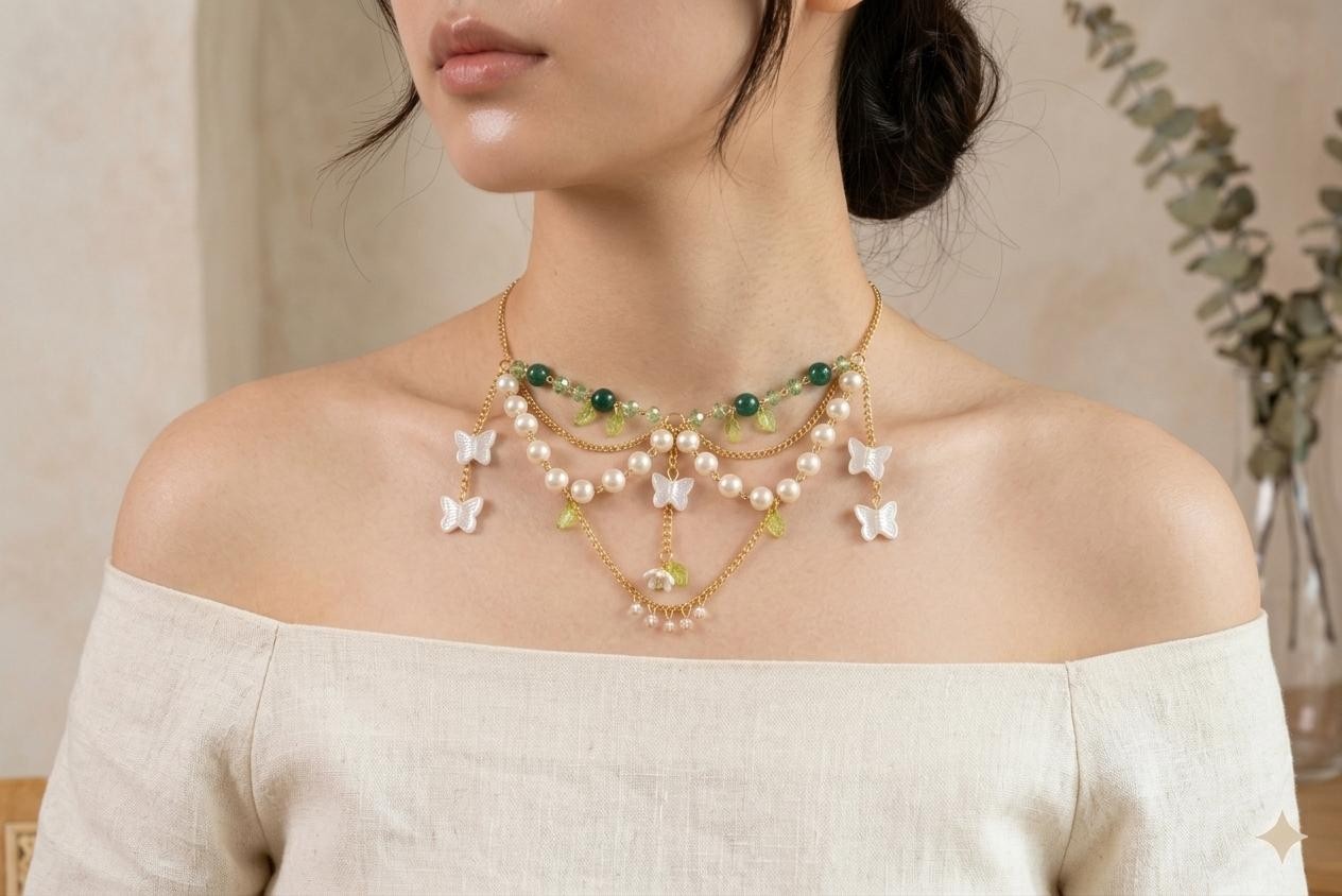 Butterfly Pearl Necklace, Cottagecore Necklace, Pearl Choker