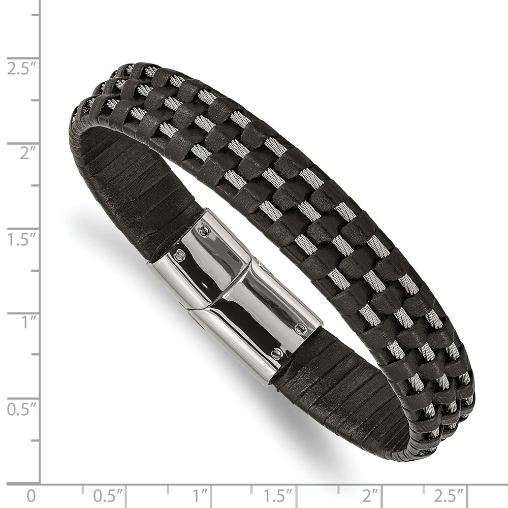 Stainless Steel Polished Black Leather and Wire 8.5in Bracelet