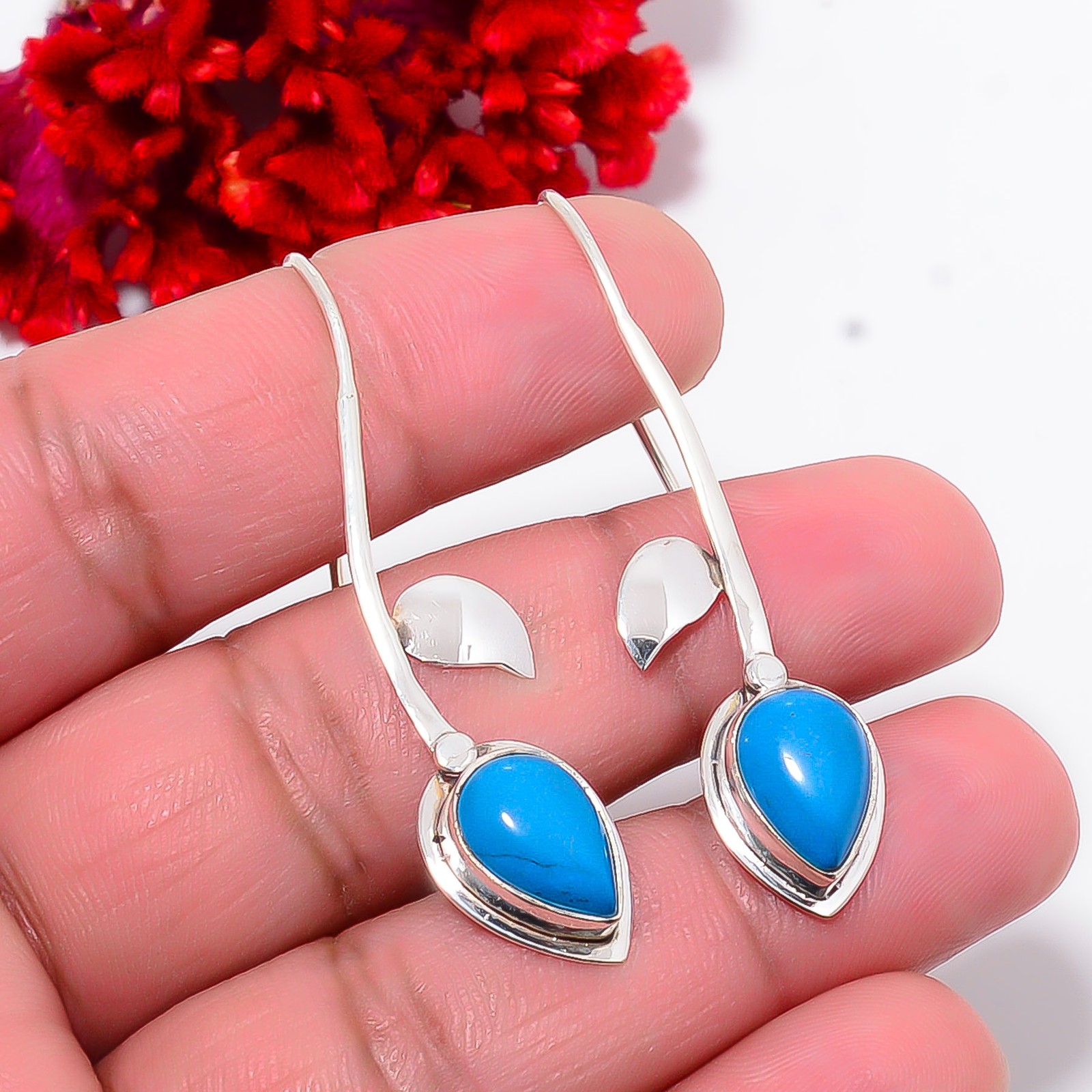 Sleeping Beauty Turquoise Designer Handmade 925 Sterling Silver Earring 2.07″ E0