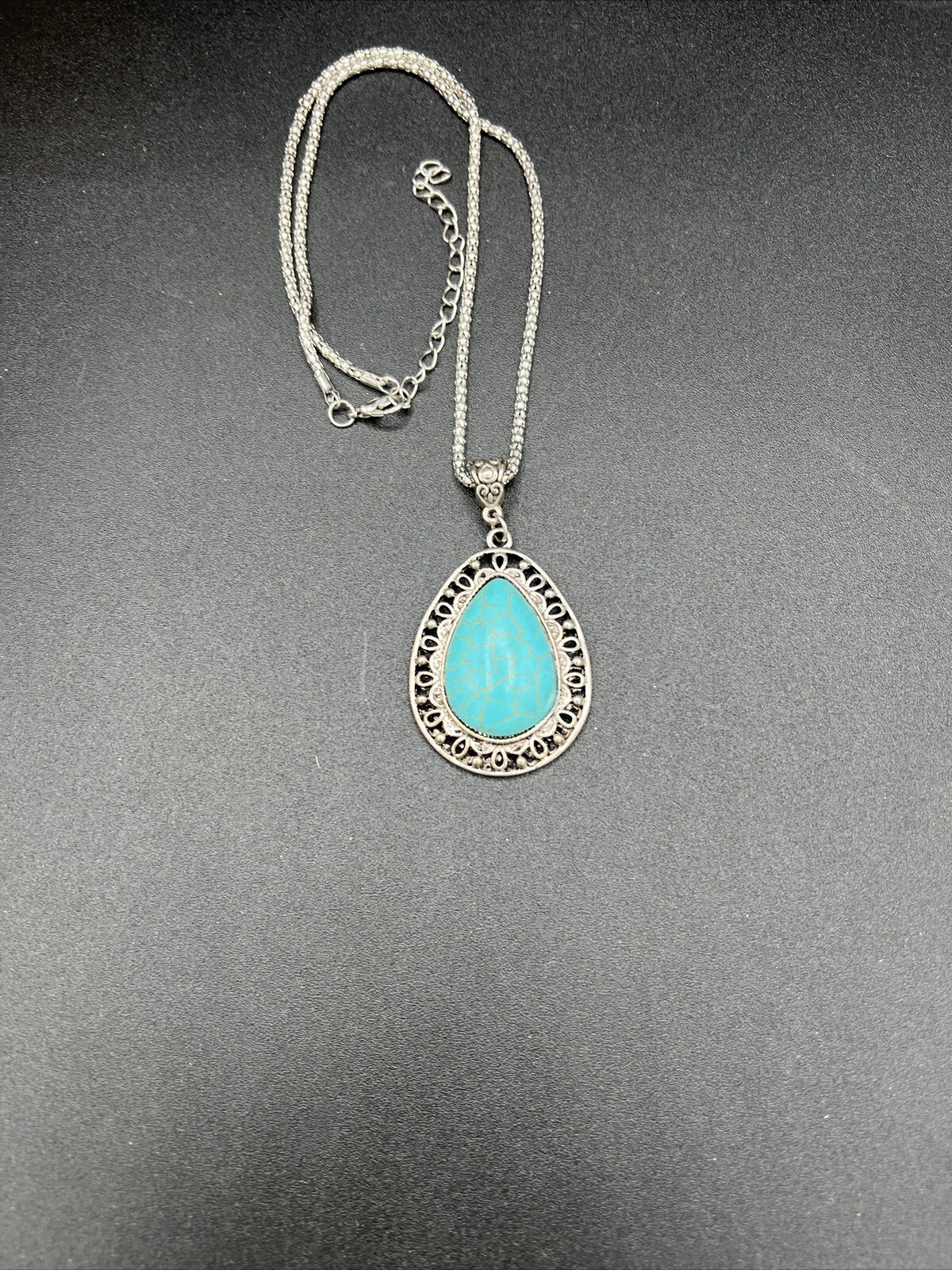 Silver Tone and Faux Turquoise Teardrop Pendant Necklace 18” + 2.5” Extender