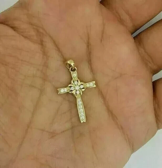 2 Ct Simulated Diamond Round Cut Cross Pendant 14K Yellow Gold Plated Silver