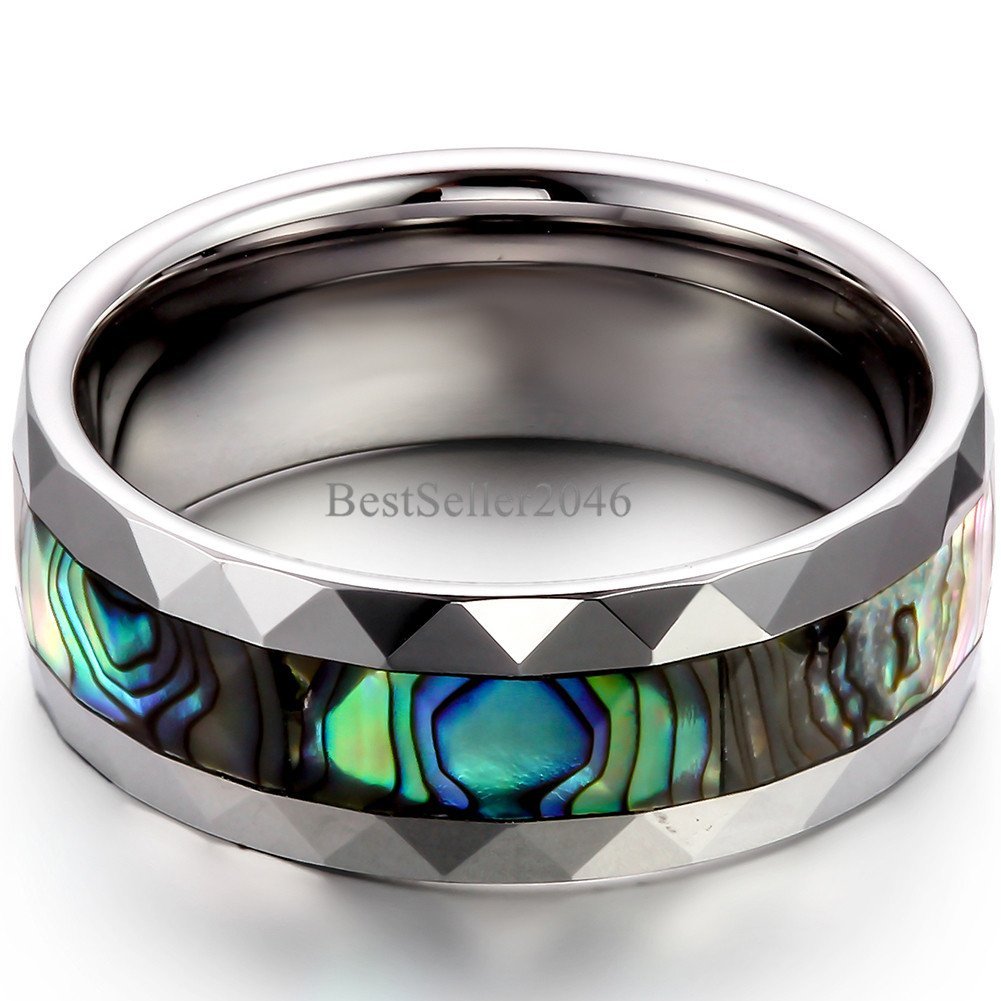 8mm Abalone Shell Inlay Mens Multi-faceted Tungsten Carbide Wedding Band 7-13