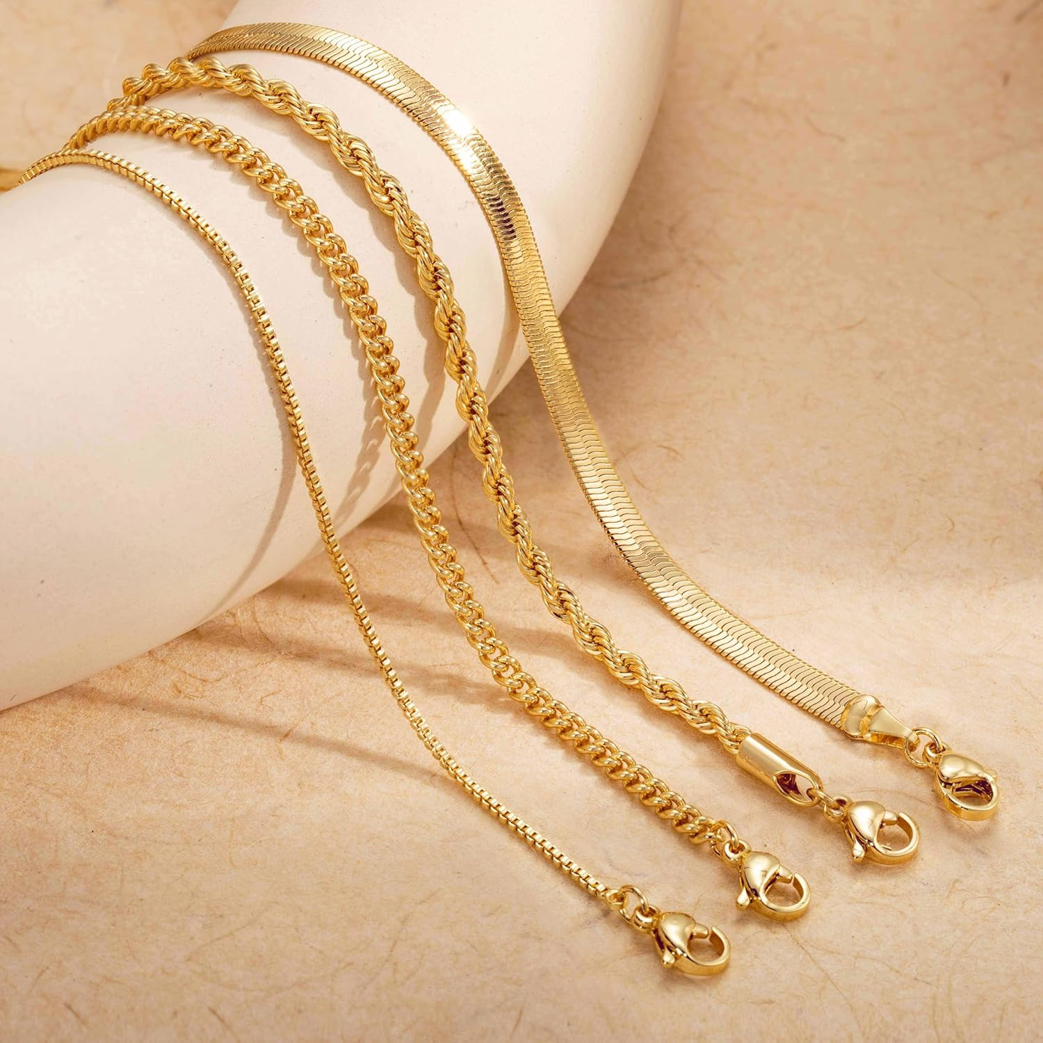 Layered Necklaces for Women Non Tarnish- Chunky 14K Gold Plated Herringbone/Snak