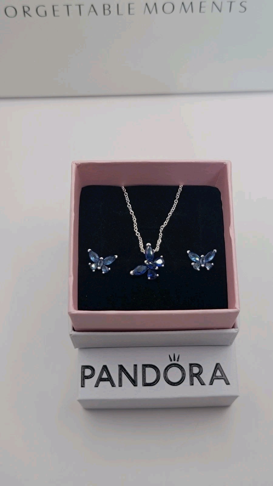 Authenti PANDORA 925 Sparkling Blue Butterfly Earrings Necklace Gift Set Z6